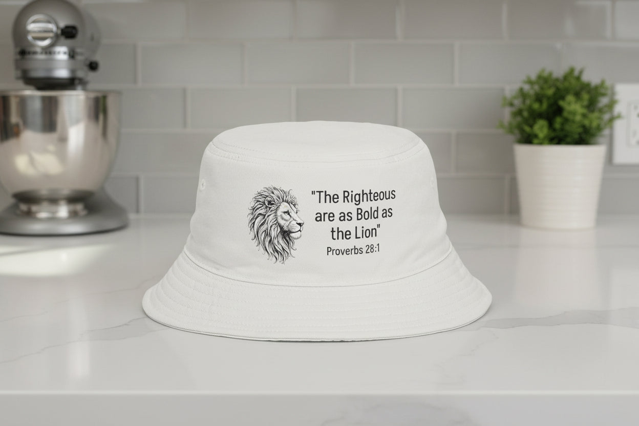 Bucket Hat — "The Righteous are as Bold as the Lion" Proverbs 28:1 Lion Graphic – Christian faith apparel & gifts | Fully Ch