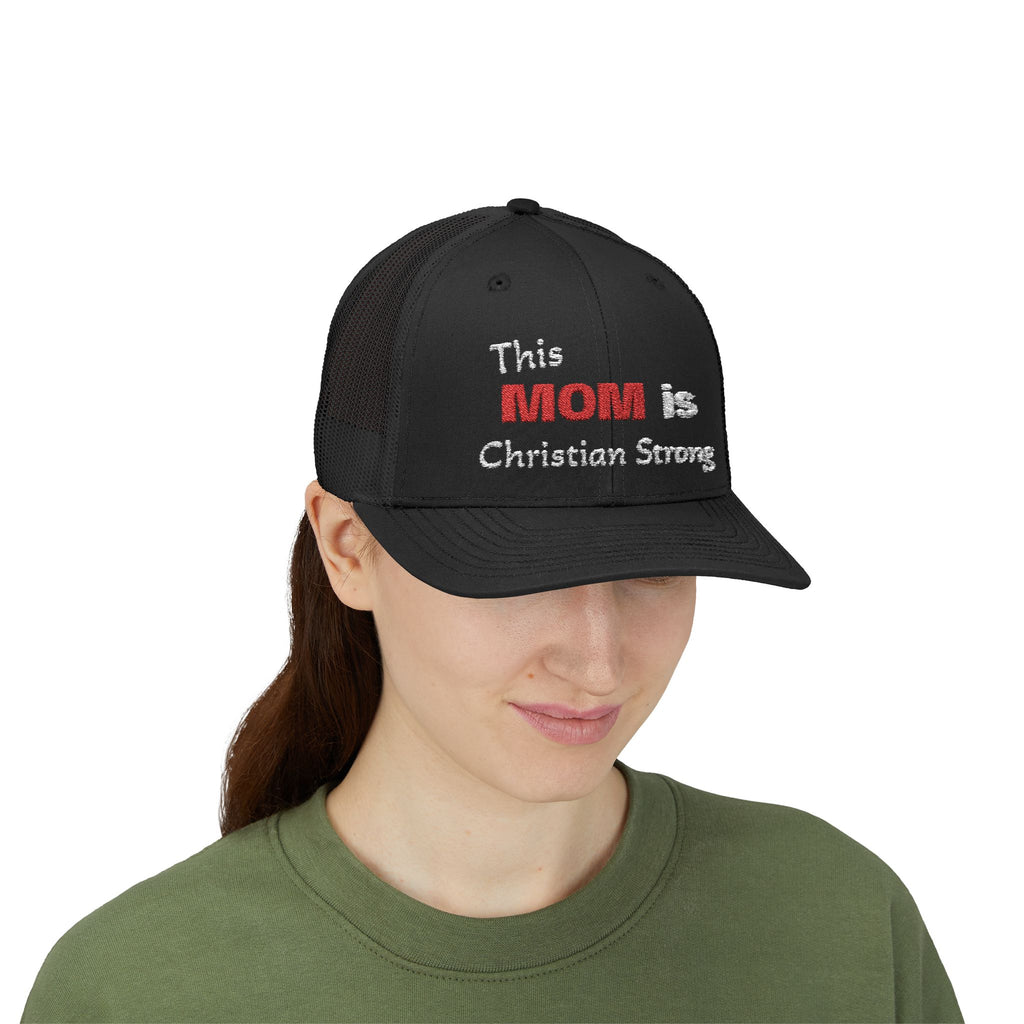 Christian Mom Trucker Cap — "This MOM is Christian Strong" Embroidered Snapback