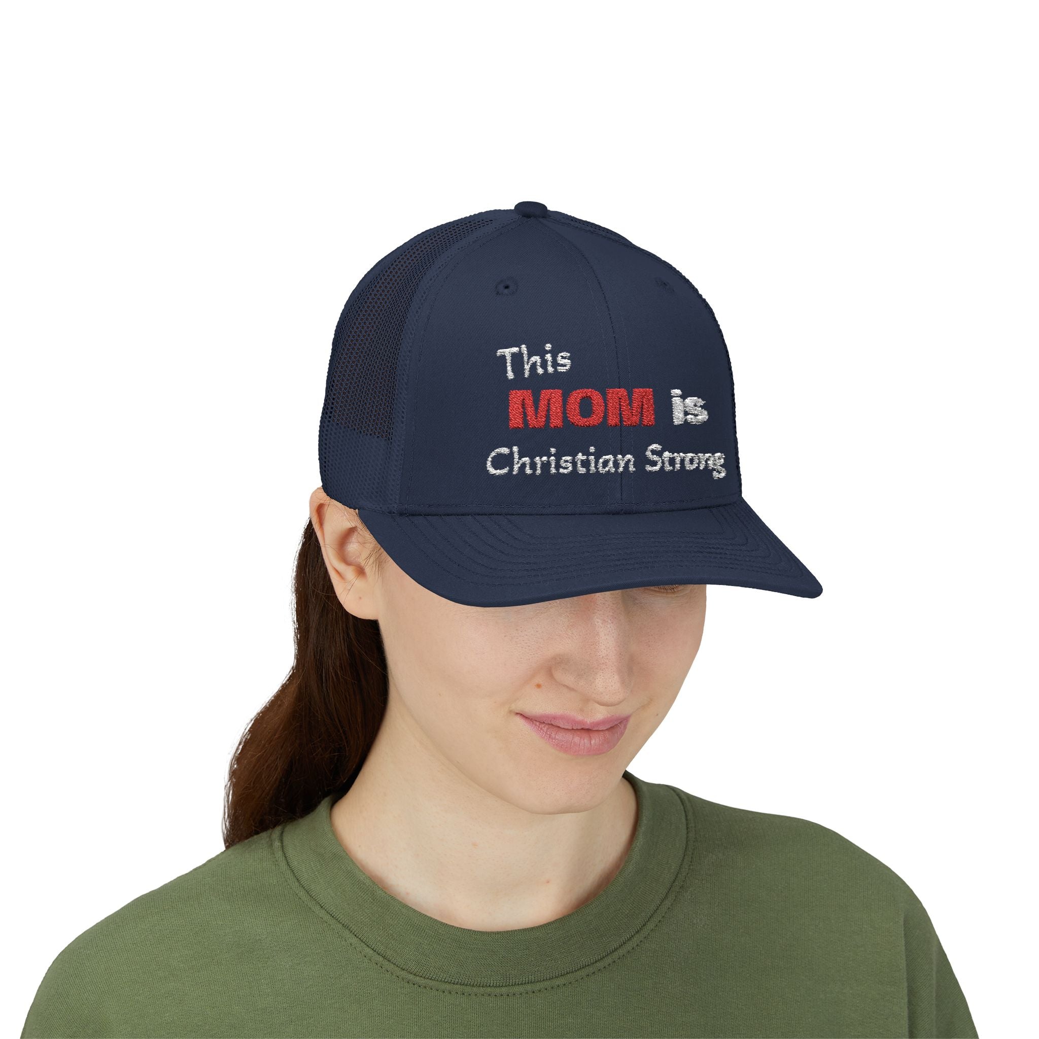 Christian Mom Trucker Cap — "This MOM is Christian Strong" Embroidered Snapback