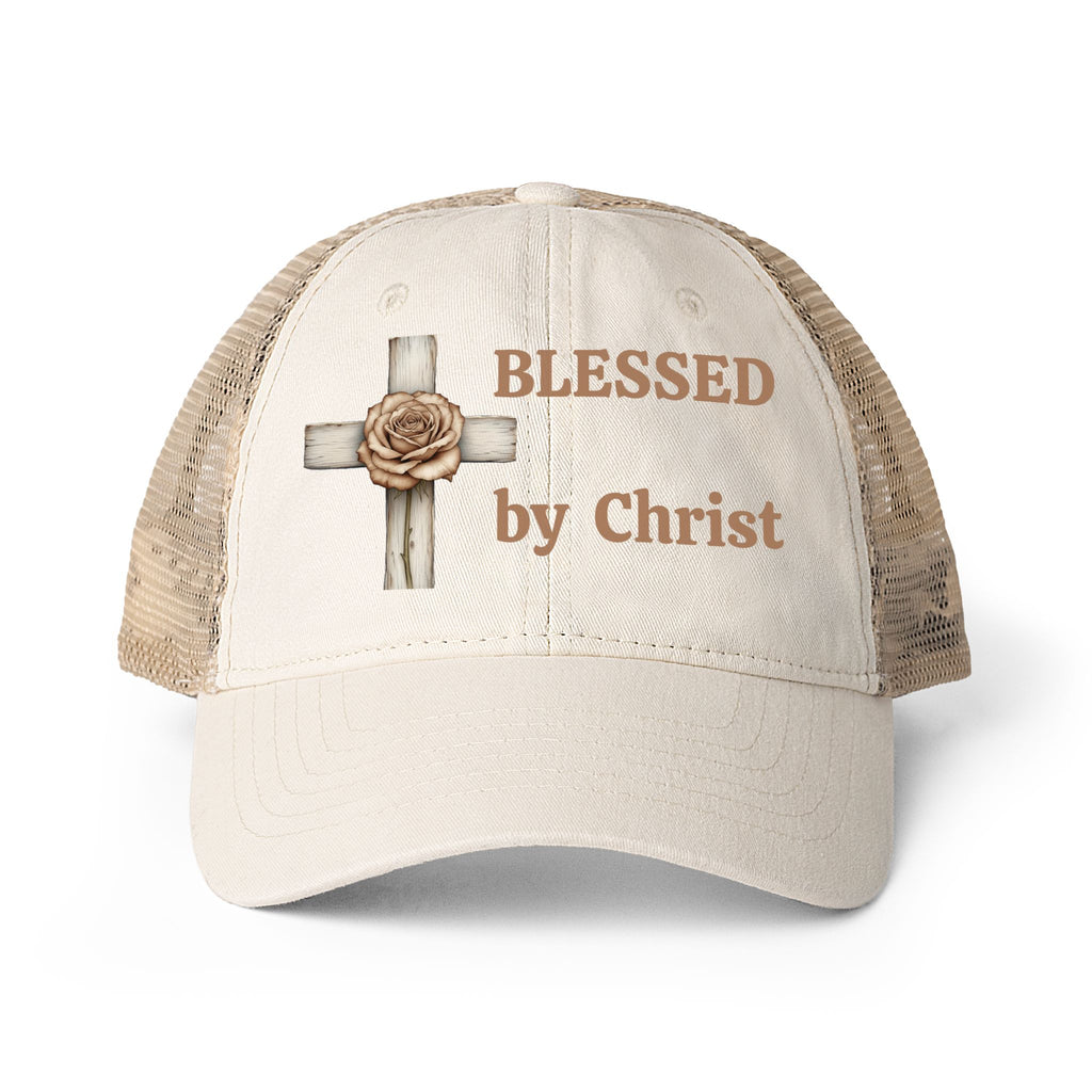 Blessed by Christ with Cross -Women's Washed Mesh-Back Cap