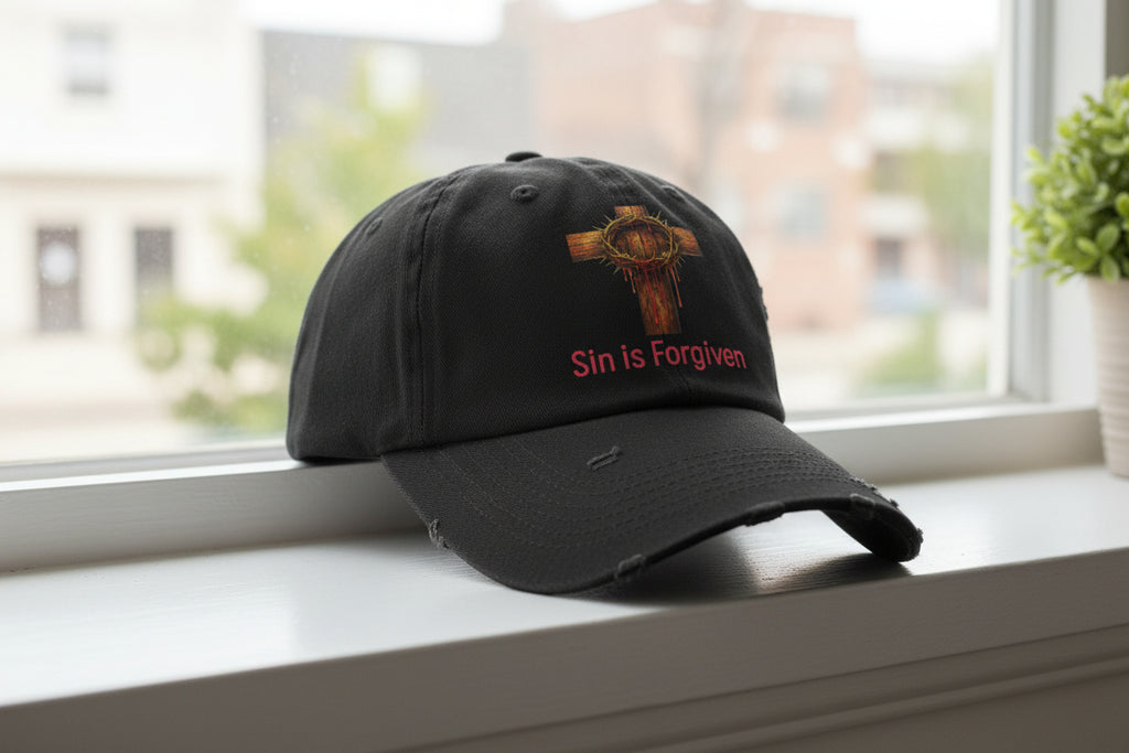 Forgiven Cross Distressed Cap — "Sin is Forgiven" Christian Baseball Hat