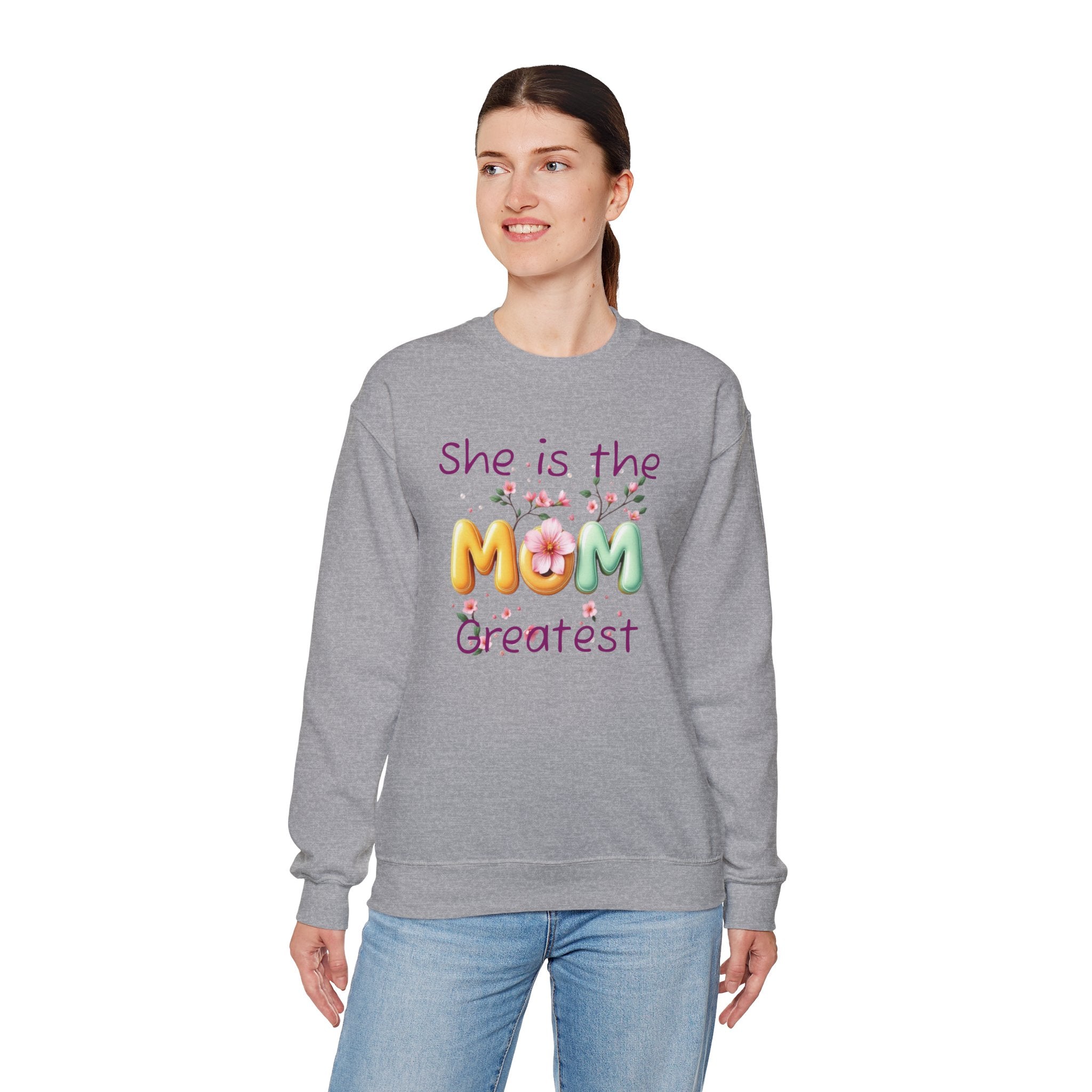 Greatest MOM Crewneck Sweatshirt — "She is the Greatest MOM" Floral Balloon Design