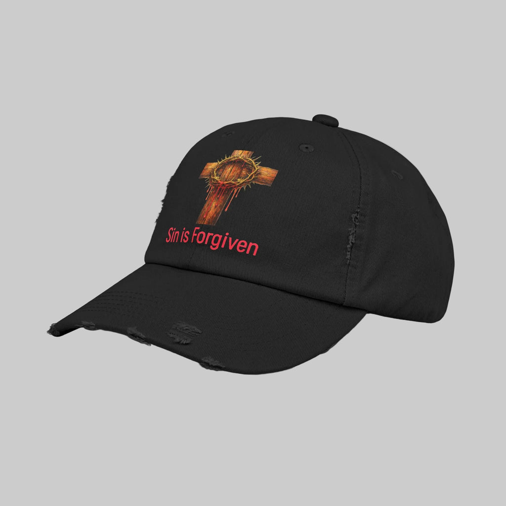 Forgiven Cross Distressed Cap — "Sin is Forgiven" Christian Baseball Hat