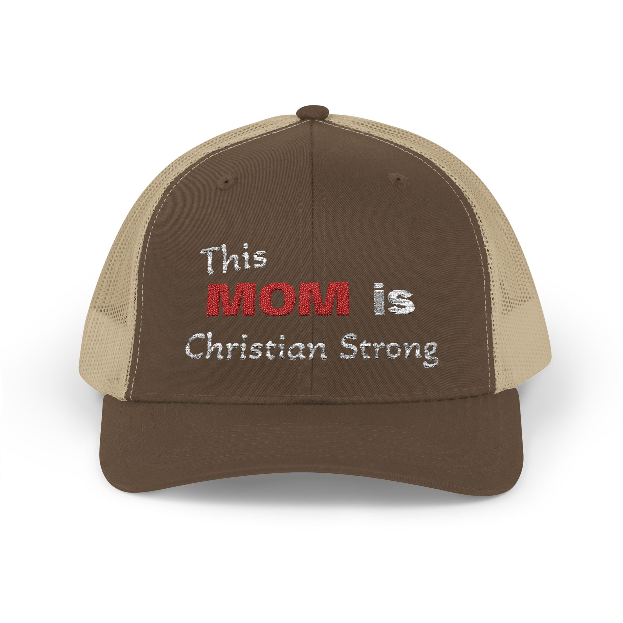 Christian Mom Trucker Cap — "This MOM is Christian Strong" Embroidered Snapback
