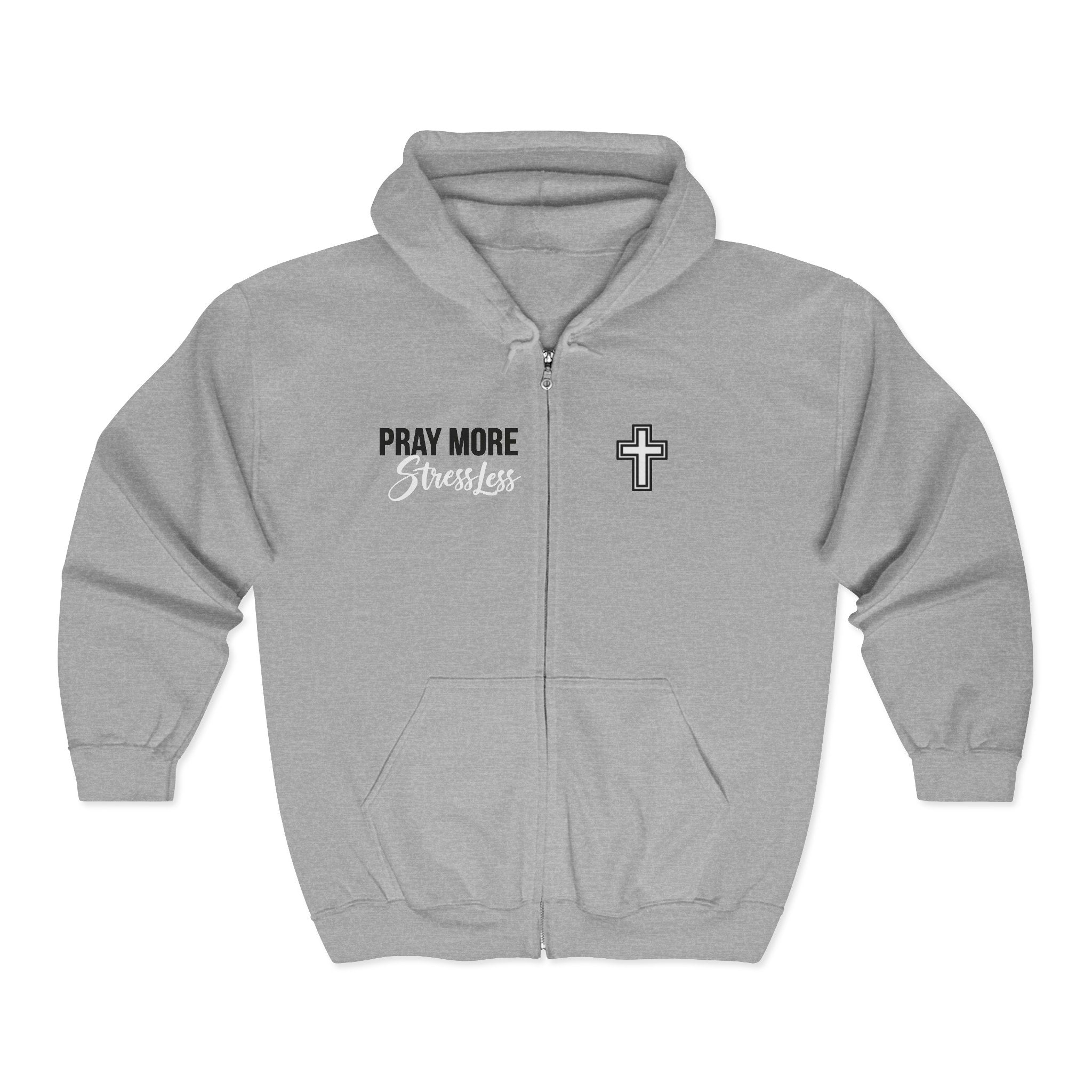 Pray More, Stress Less Zip-Up Hoodie — Christian Cross Full-Zip Sweatshirt
