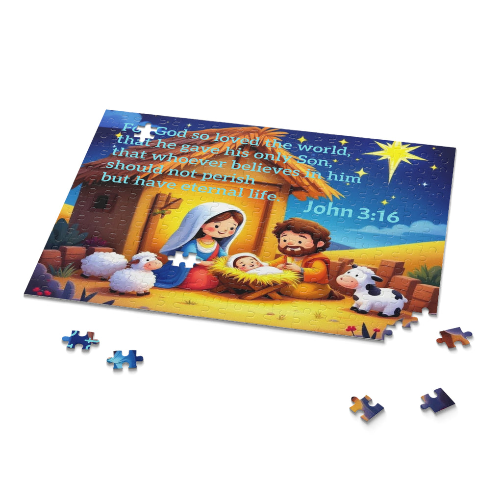 Nativity Puzzle with John 3:16 — Children’s Christmas Jigsaw (120/252/500 pcs)