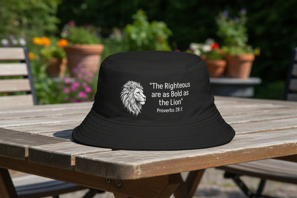Bucket Hat — "The Righteous are as Bold as the Lion" Proverbs 28:1 Lion Graphic – Christian faith apparel & gifts | Fully Ch