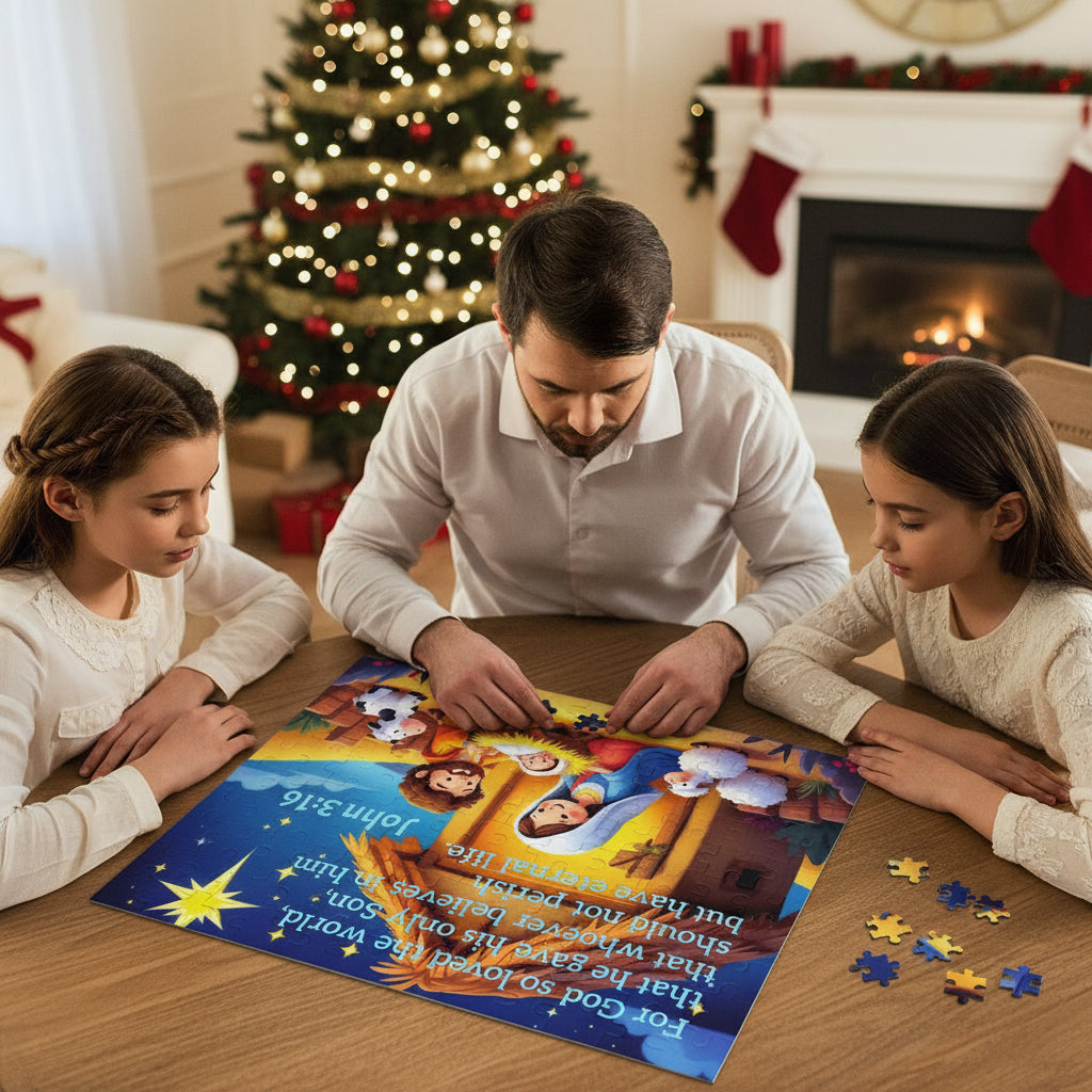 Nativity Puzzle with John 3:16 — Children’s Christmas Jigsaw (120/252/500 pcs)