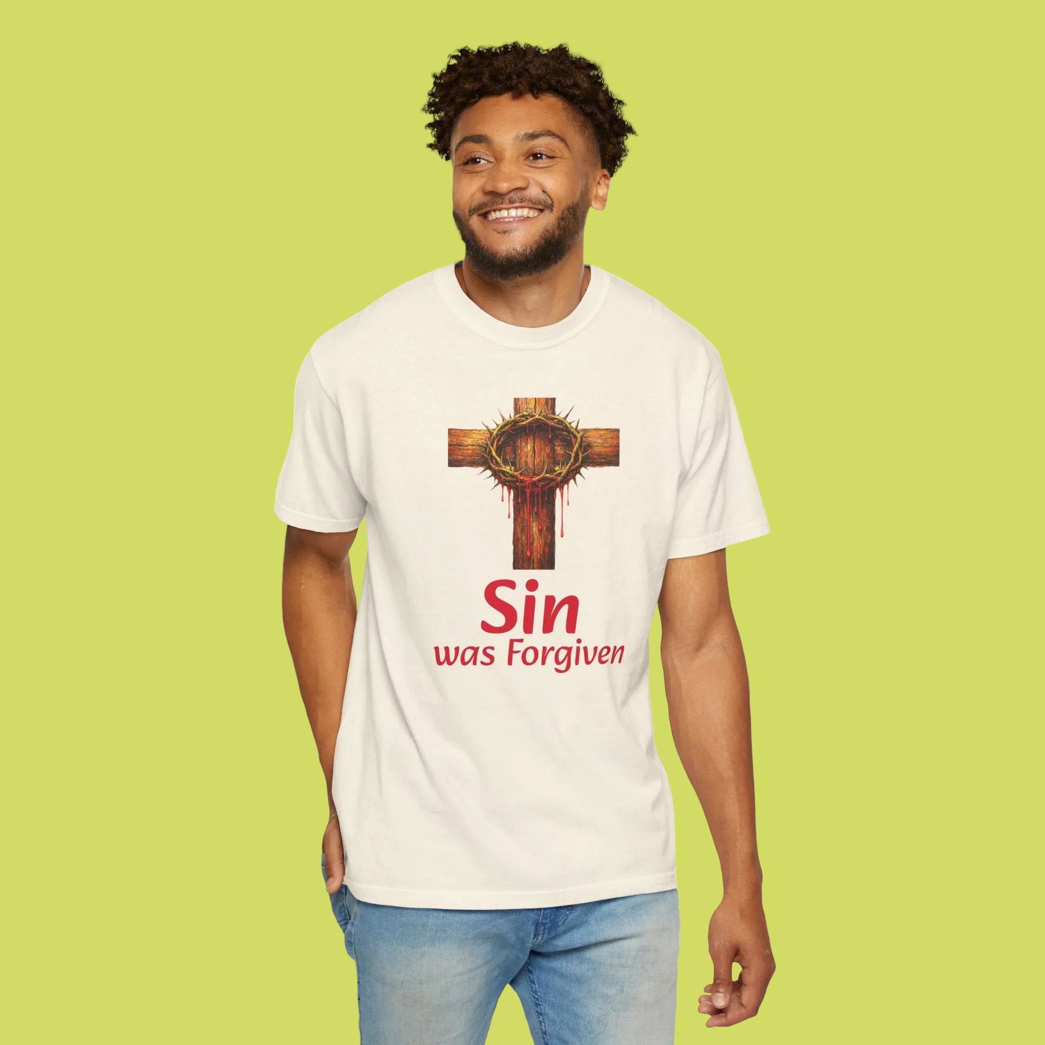 Christian Cross T-Shirt — "Sin Was Forgiven" Religious Faith Tee