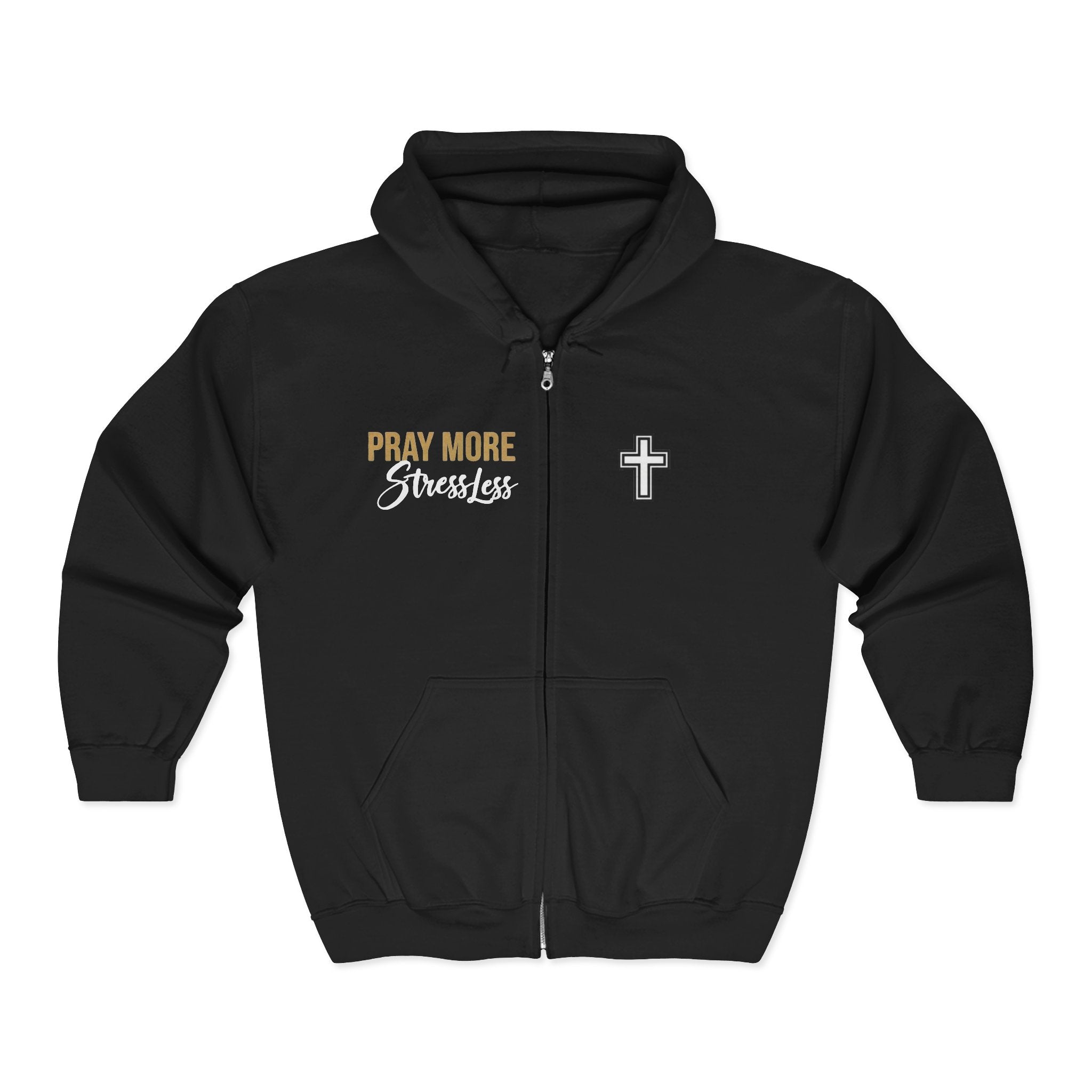 Pray More, Stress Less Zip-Up Hoodie — Christian Cross Full-Zip Sweatshirt