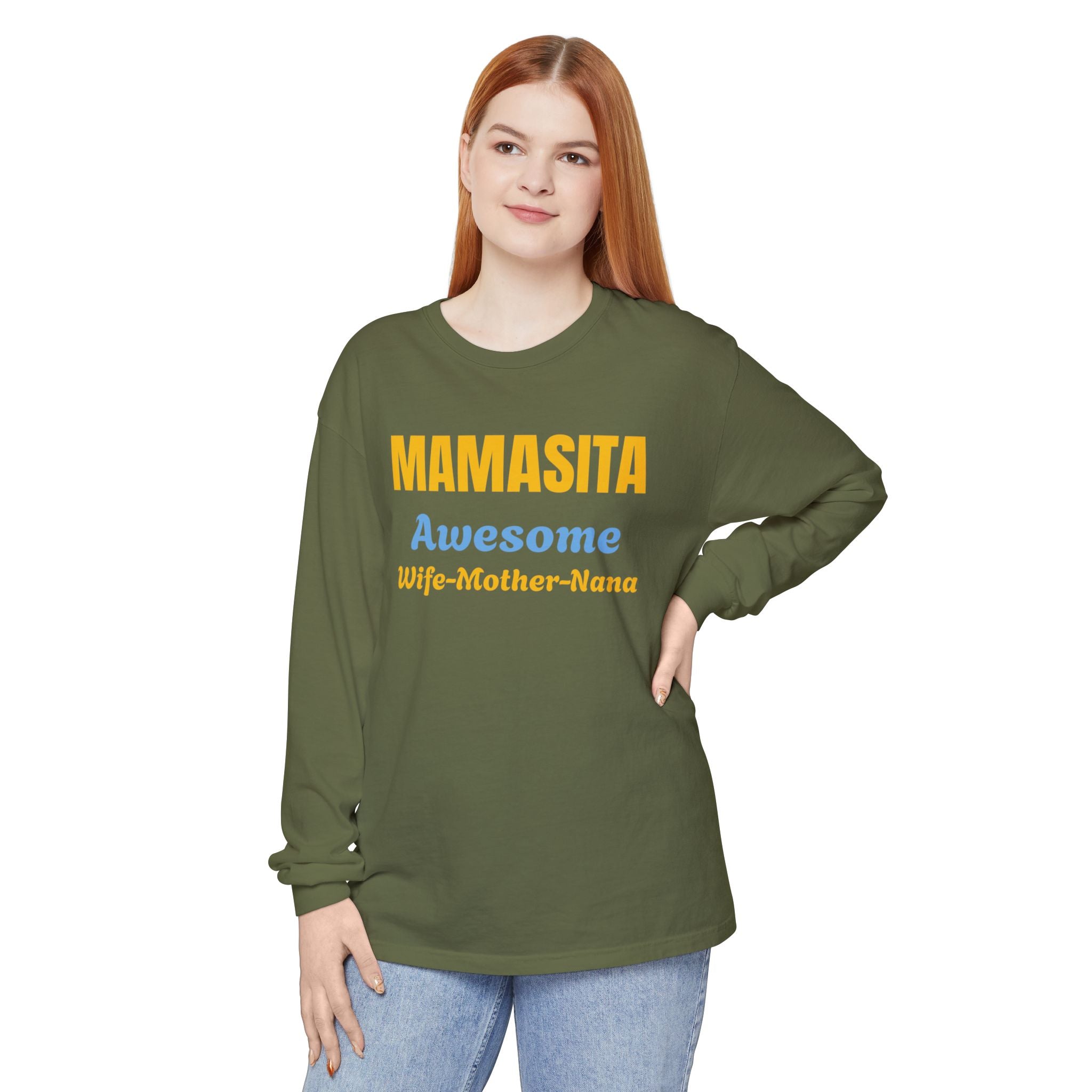 Awesome Mamasita Long Sleeve Comfort Colors Tee Shirt — "Mamasita Awesome Wife•Mother•Nana"