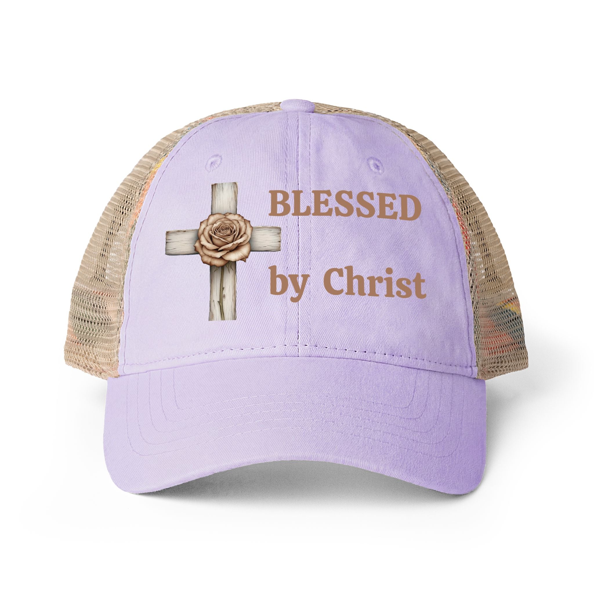 Blessed by Christ with Cross -Women's Washed Mesh-Back Cap