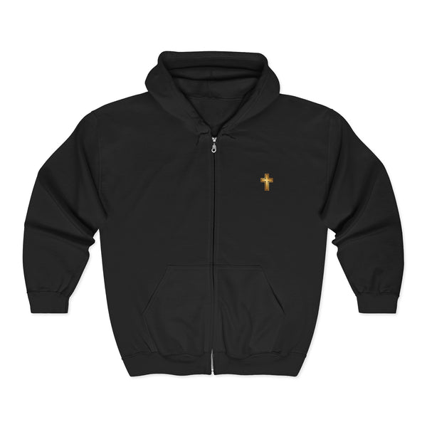 Faith-Inspired Full Zip Hoodie — Gold Cross & 'Constantly Praying' Scripture Back