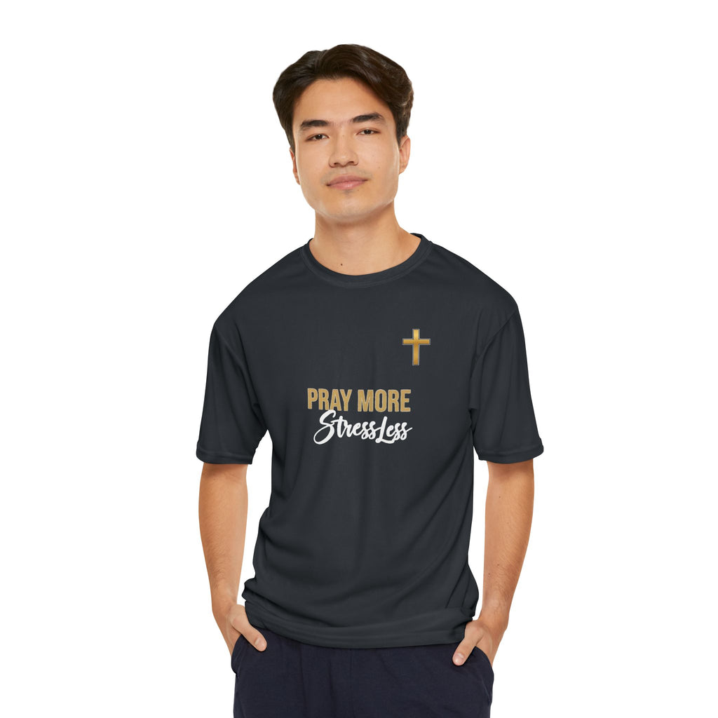 Pray More Stress Less T‑Shirt — Men’s Faith Graphic Tee with Gold Cross – Christian faith apparel & gifts | Fully Christian 