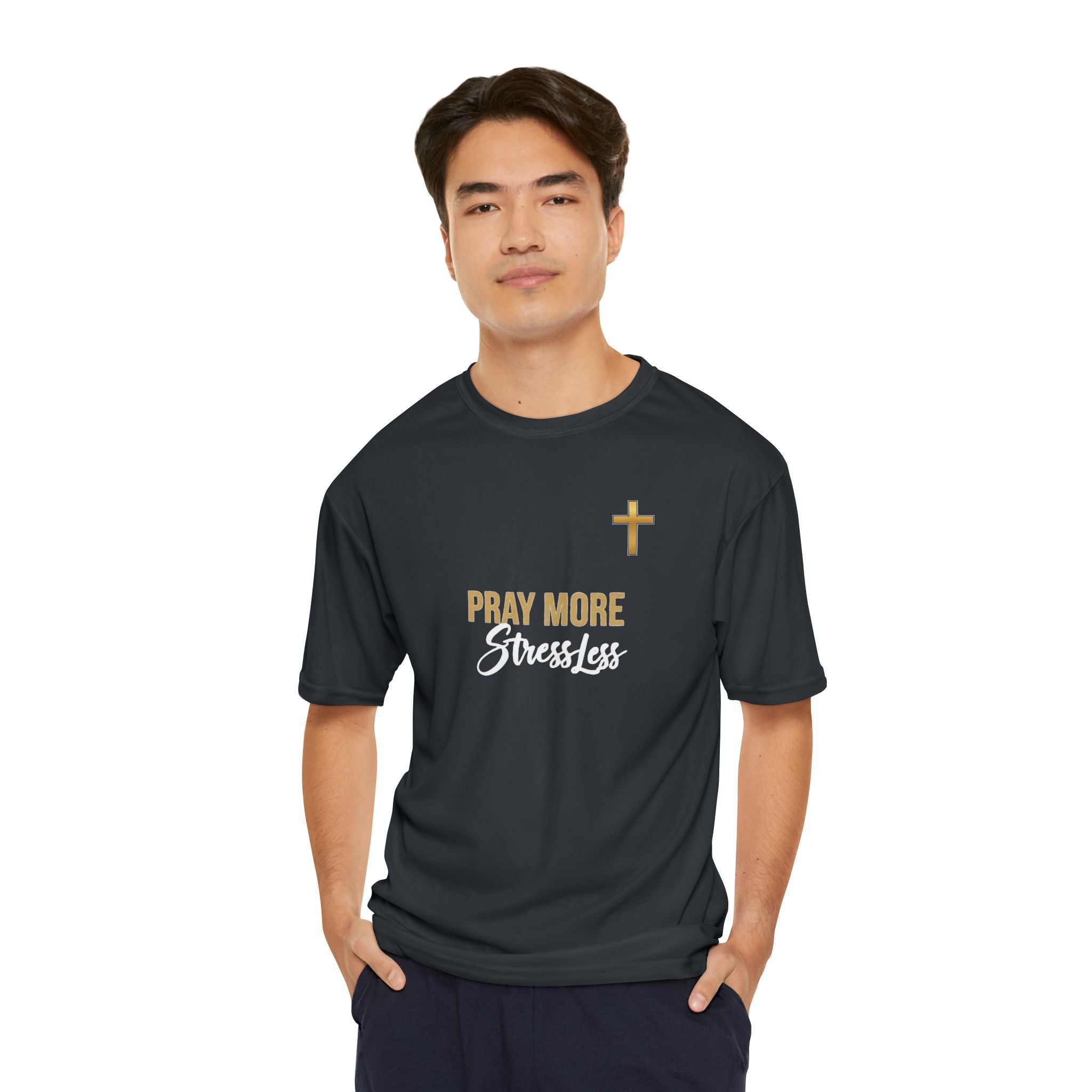 Pray More Stress Less T‑Shirt — Men’s Faith Graphic Tee with Gold Cross