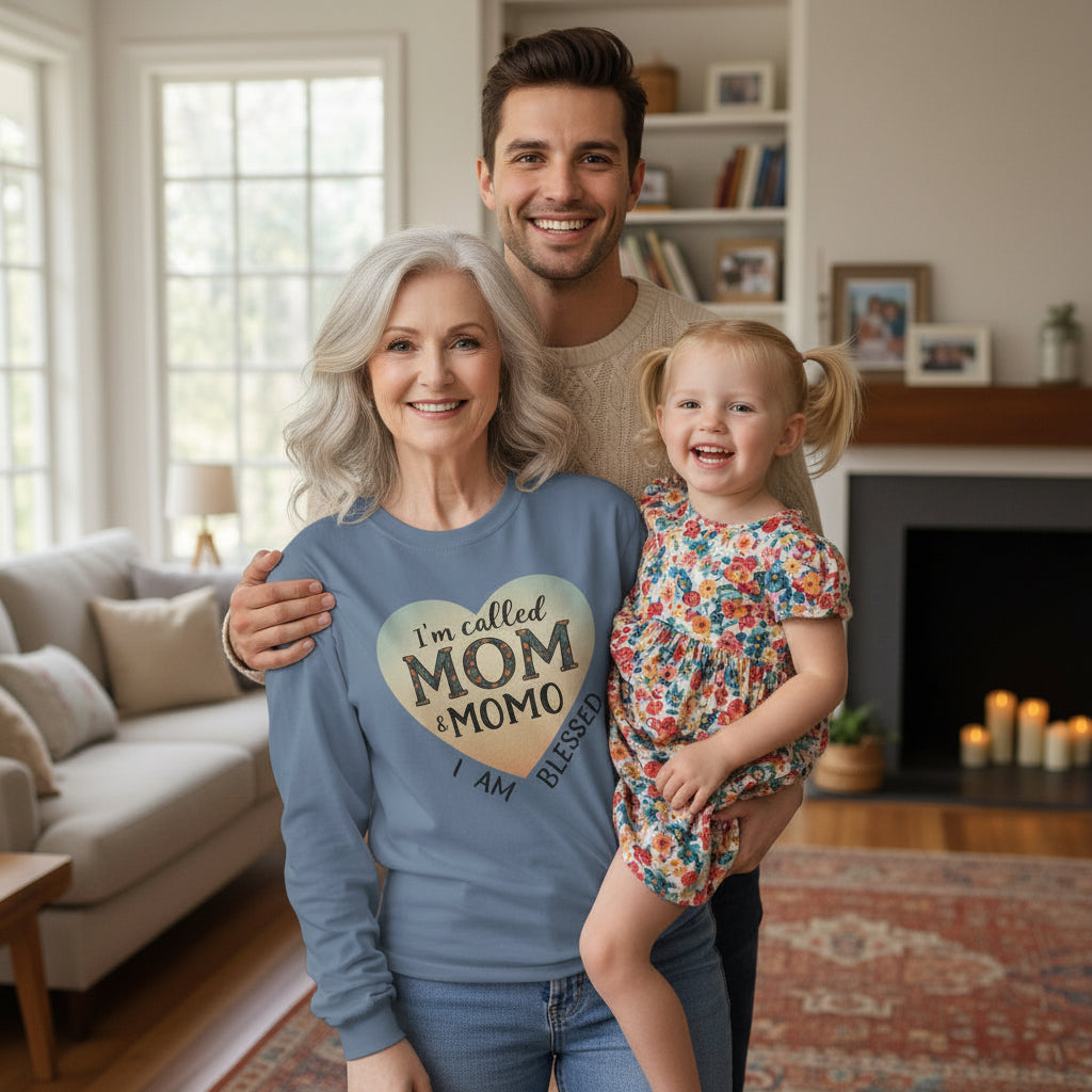 Mom & Momo Heart Long Sleeve Tee – “I’m Called Mom & Momo, I Am Blessed”