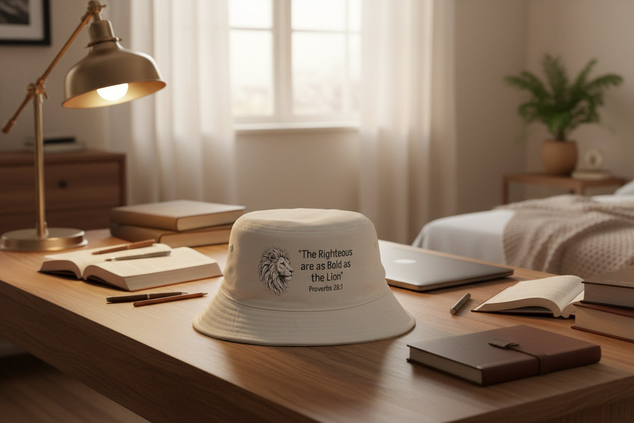 Bucket Hat — "The Righteous are as Bold as the Lion" Proverbs 28:1 Lion Graphic – Christian faith apparel & gifts | Fully Ch