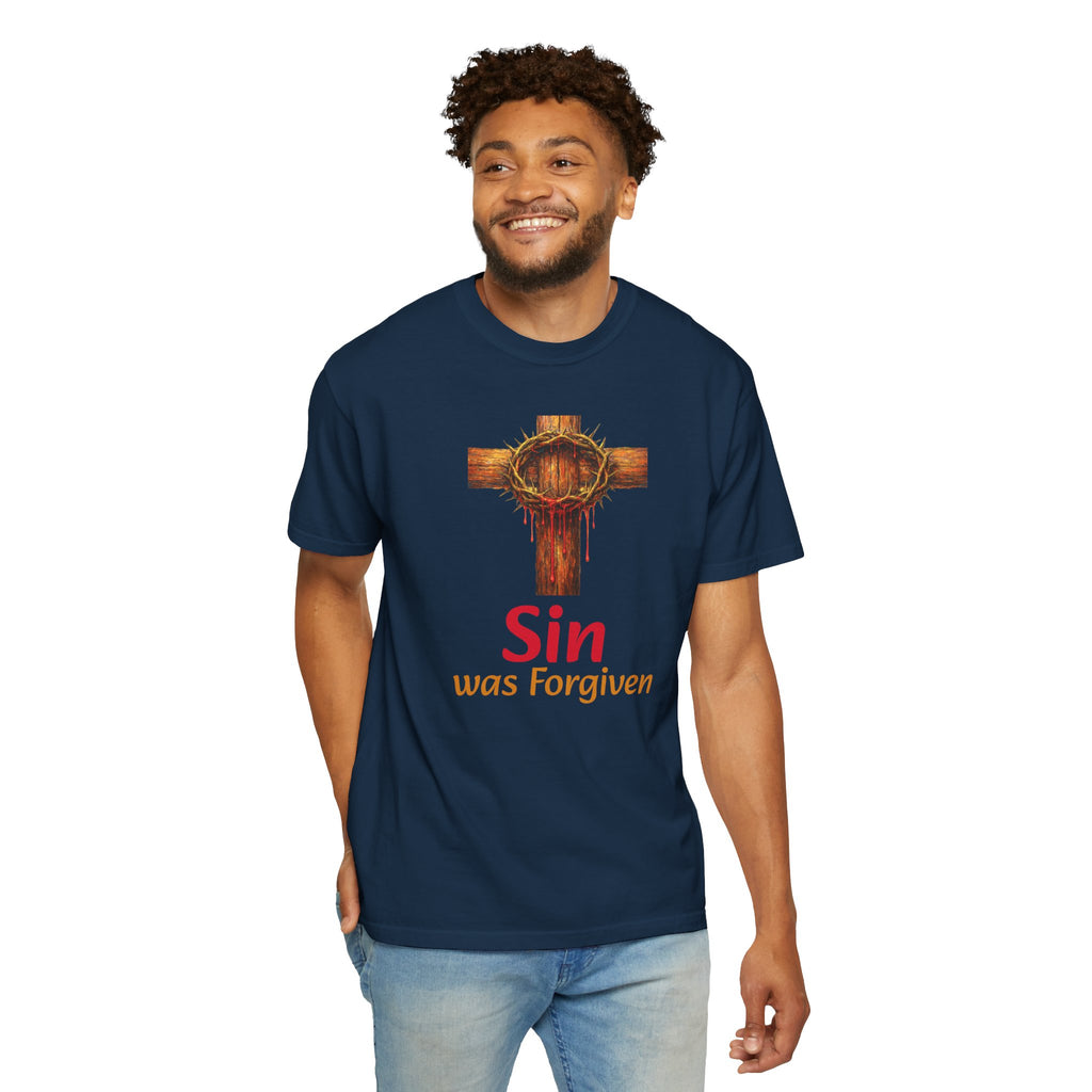 Christian Cross T-Shirt — "Sin Was Forgiven" Religious Faith Tee