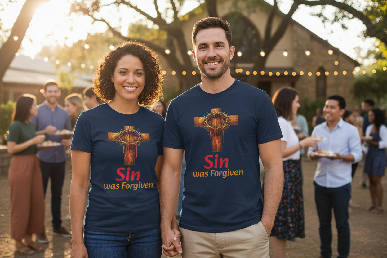 Christian Cross T-Shirt — "Sin Was Forgiven" Religious Faith Tee
