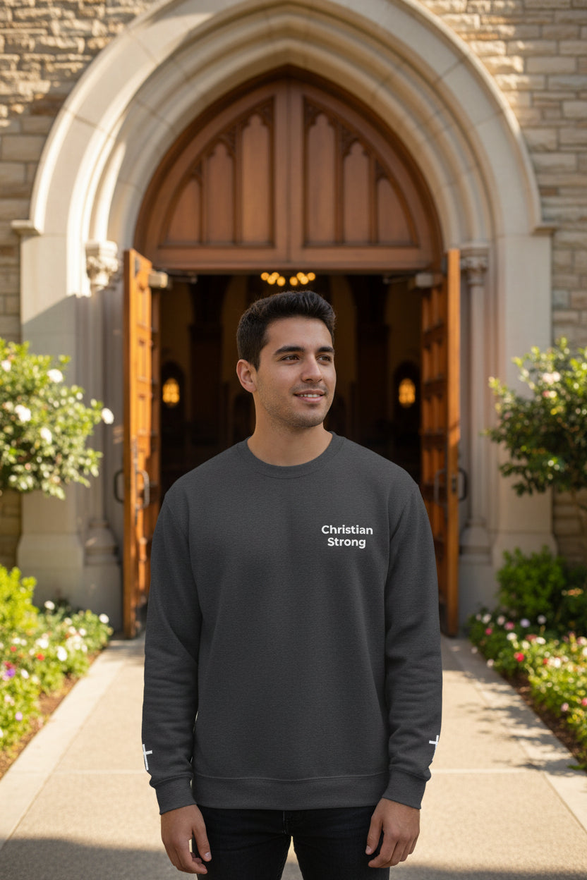Embroidered Christian Strong Crewneck Sweatshirt — Faith-Inspired Graphic Pullover – Christian faith apparel & gifts | Fully