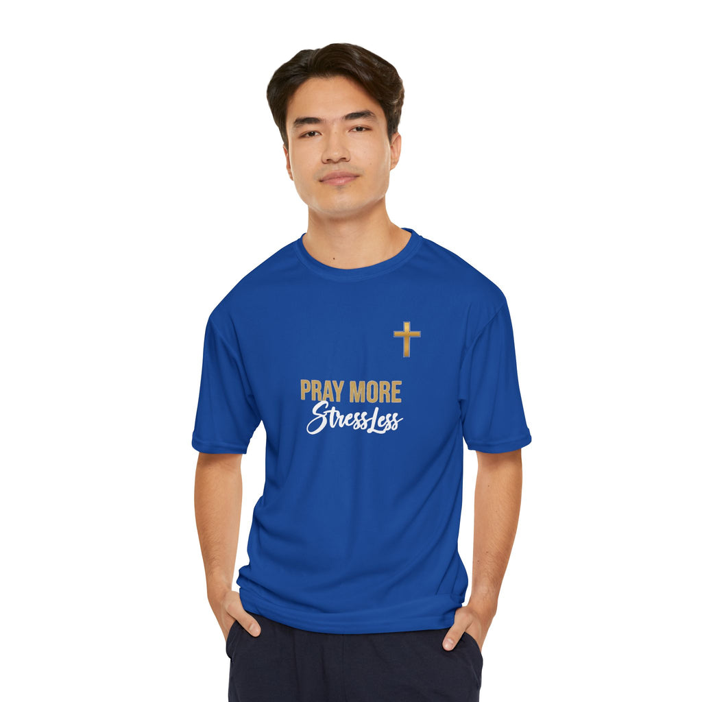Pray More Stress Less T‑Shirt — Men’s Faith Graphic Tee with Gold Cross – Christian faith apparel & gifts | Fully Christian 
