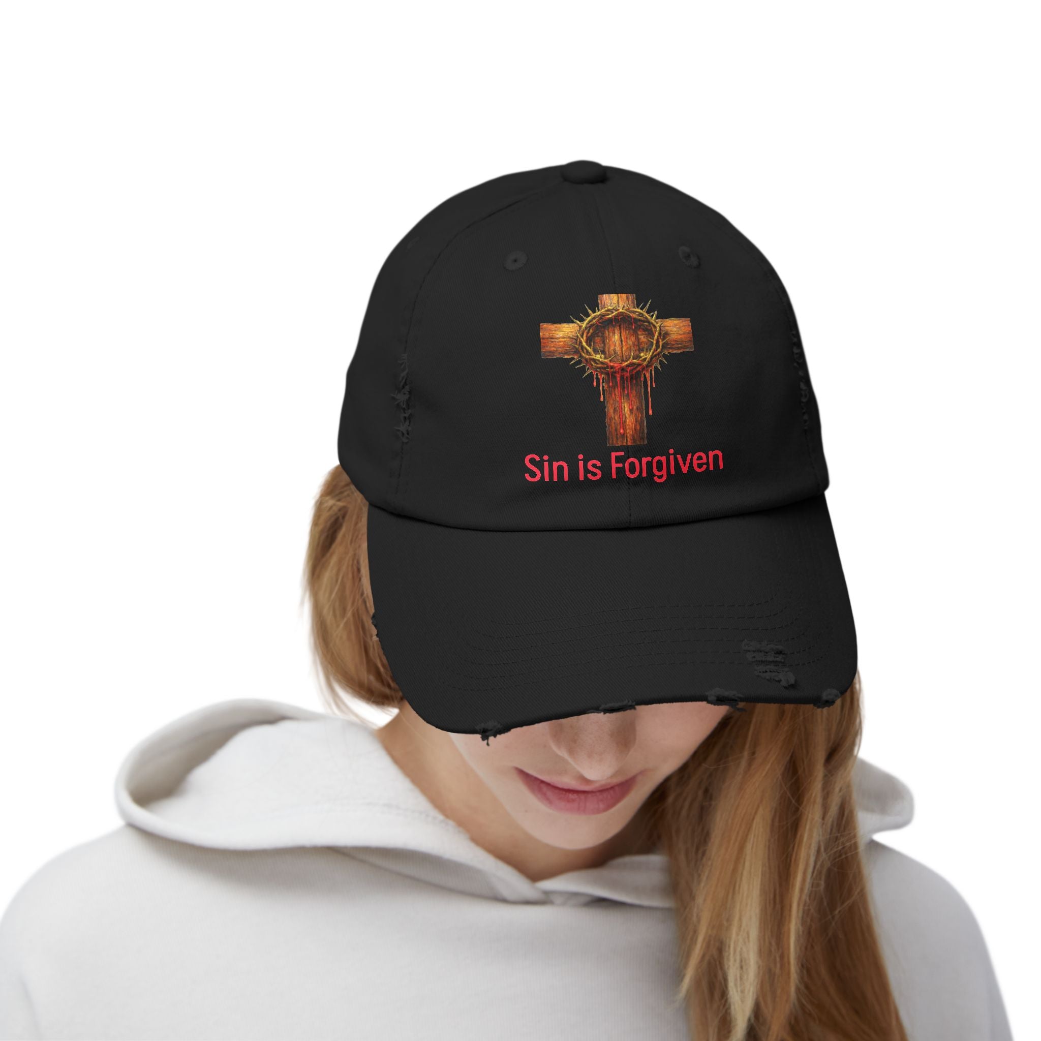 Forgiven Cross Distressed Cap — "Sin is Forgiven" Christian Baseball Hat