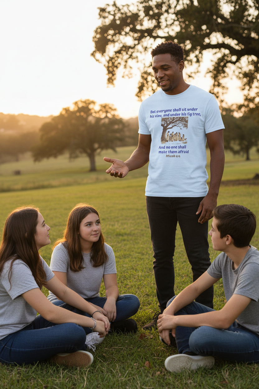 Biblical Scripture- Micah 4:4  T‑Shirt — "But everyone shall sit under his vine" Faith Graphic Tee