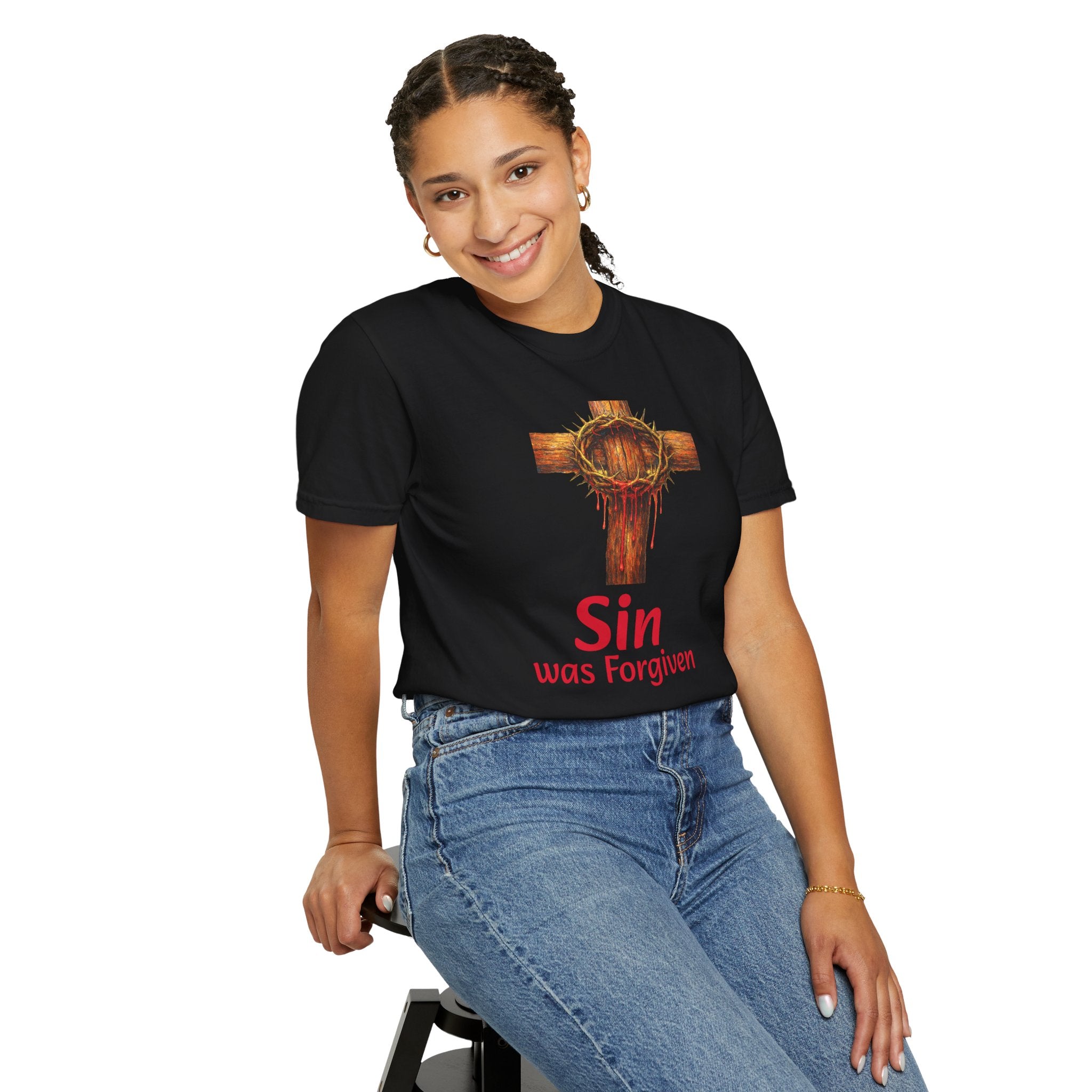 Christian Cross T-Shirt — "Sin Was Forgiven" Religious Faith Tee