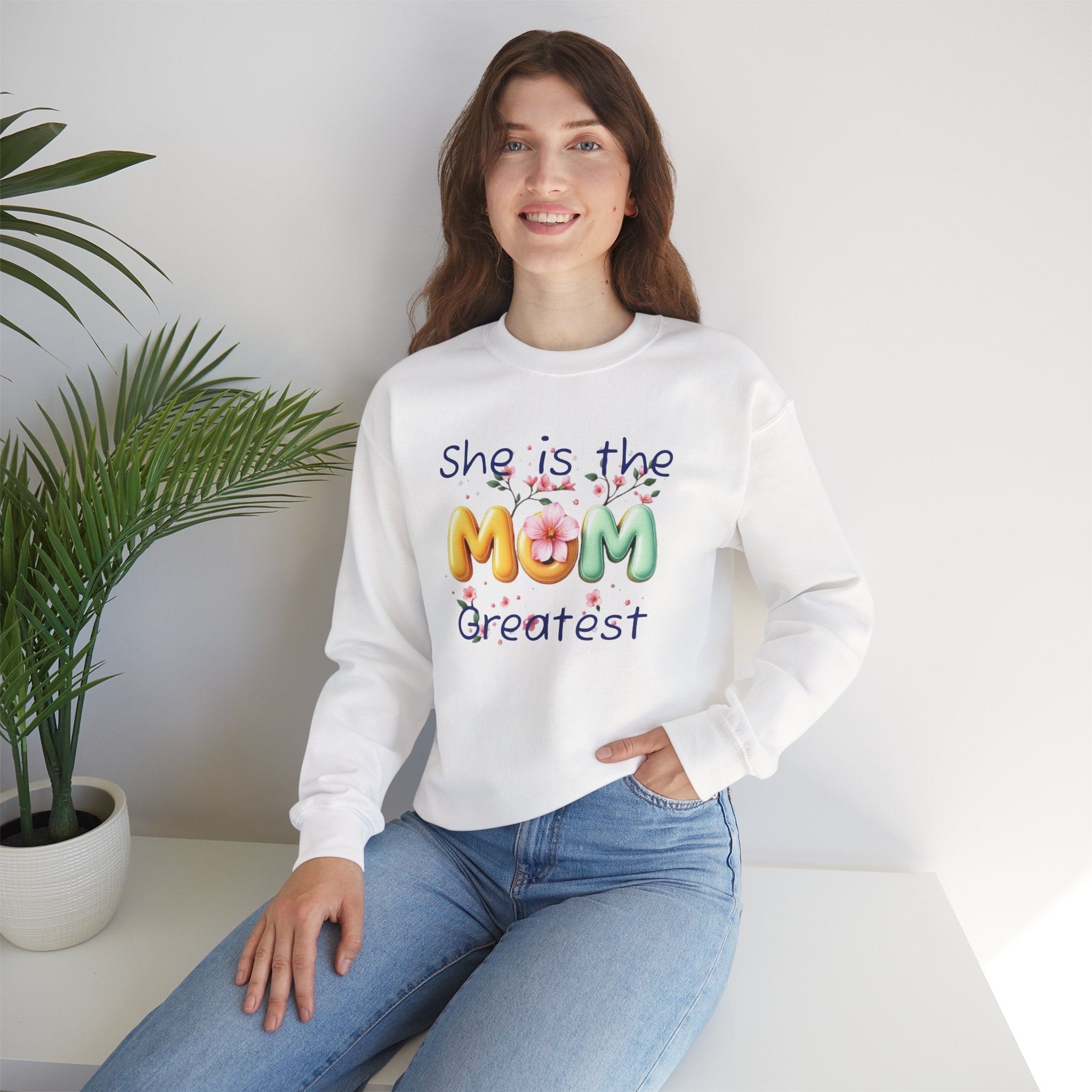 Greatest MOM Crewneck Sweatshirt — "She is the Greatest MOM" Floral Balloon Design