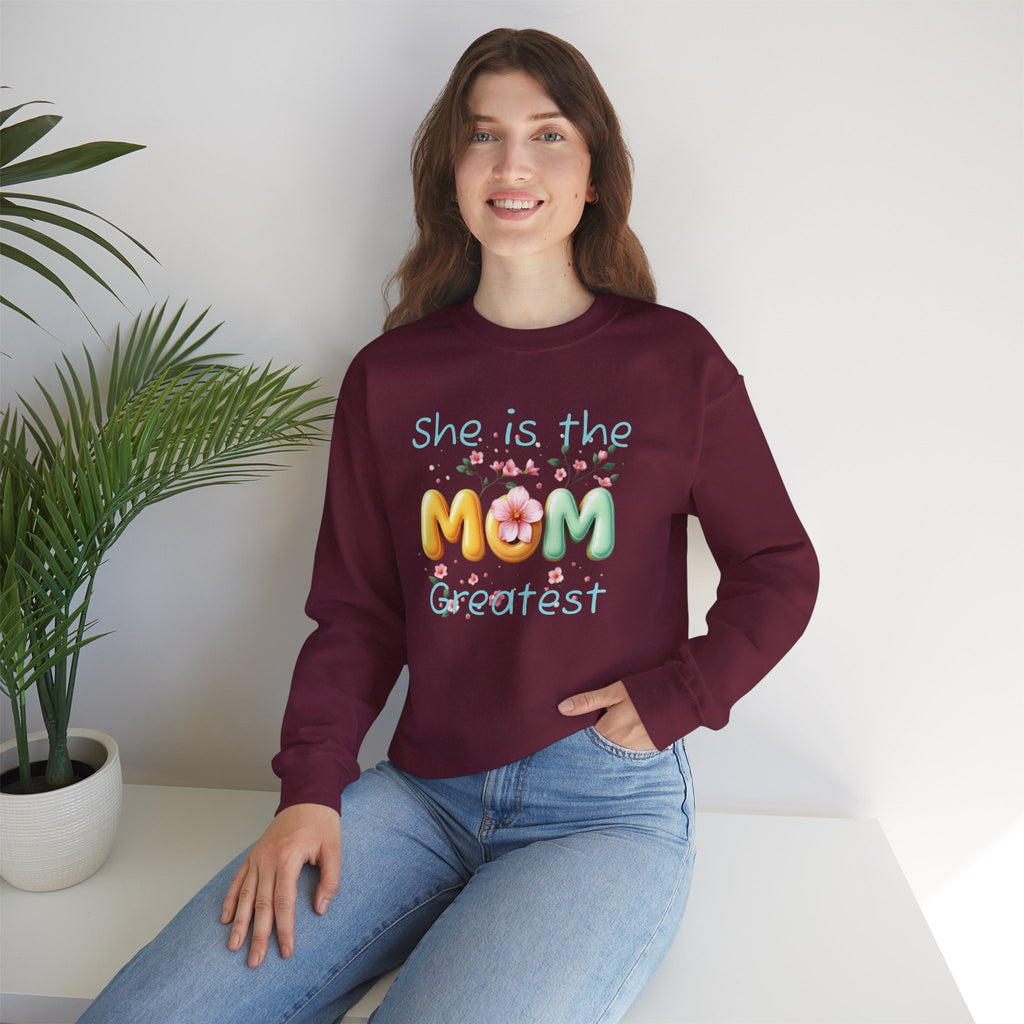 Greatest MOM Crewneck Sweatshirt — "She is the Greatest MOM" Floral Balloon Design