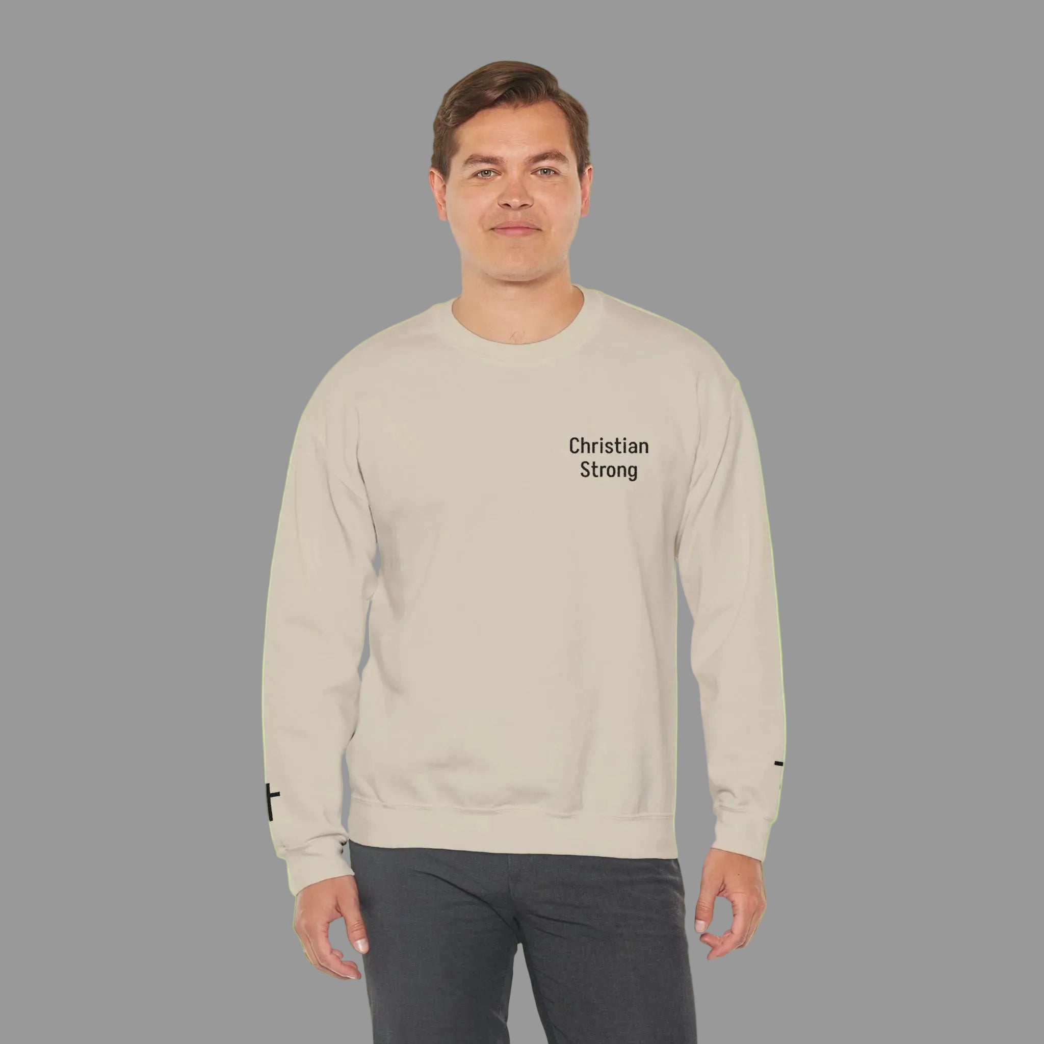 Embroidered Christian Strong Crewneck Sweatshirt – Faith-Inspired Minimalist Pullover