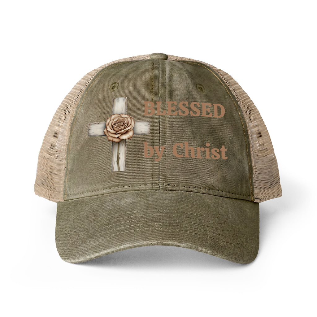 Blessed by Christ with Cross -Women's Washed Mesh-Back Cap