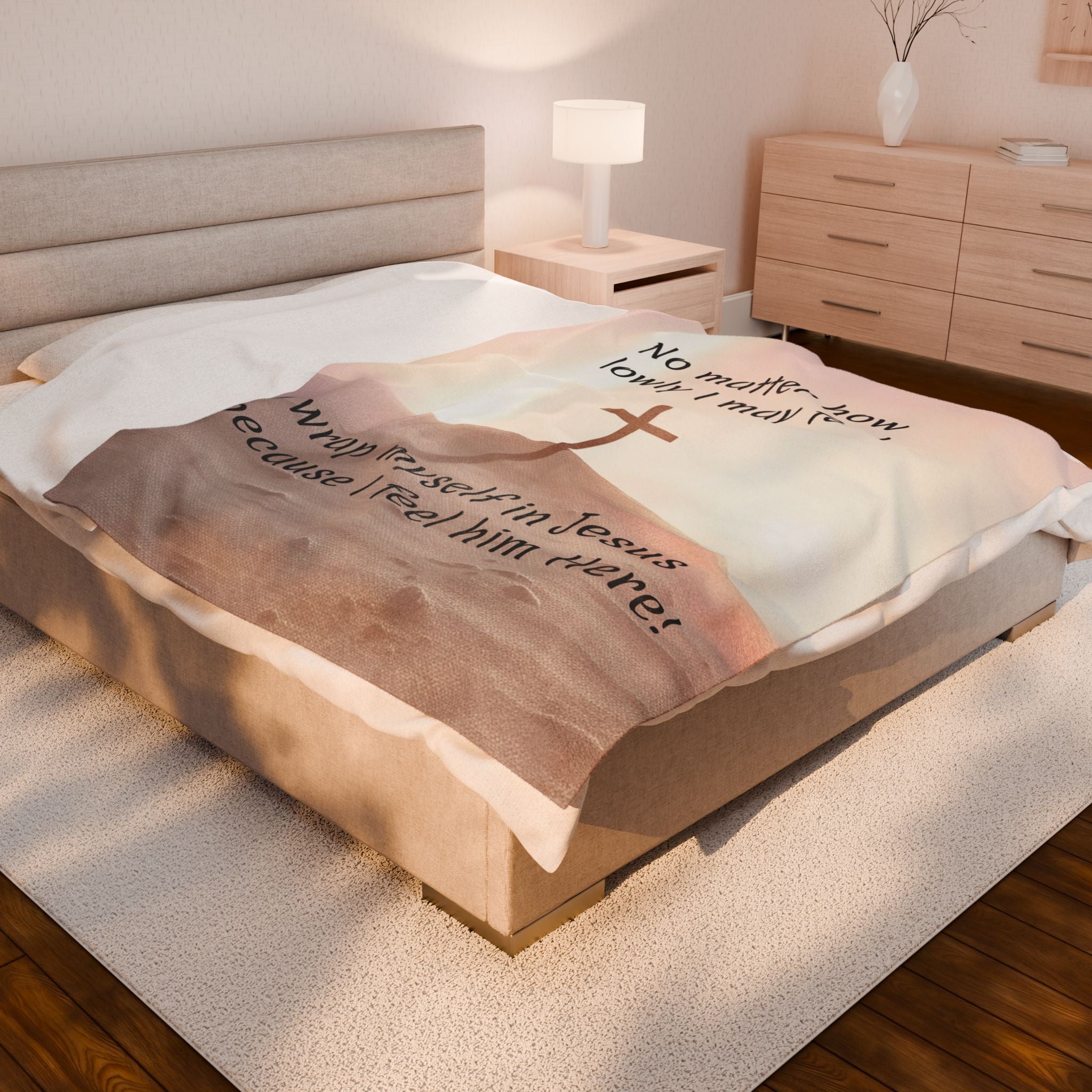 Christian Velveteen Plush Blanket — "I wrap myself in Jesus because I feel him Here" Inspirational Throw – Christian faith a