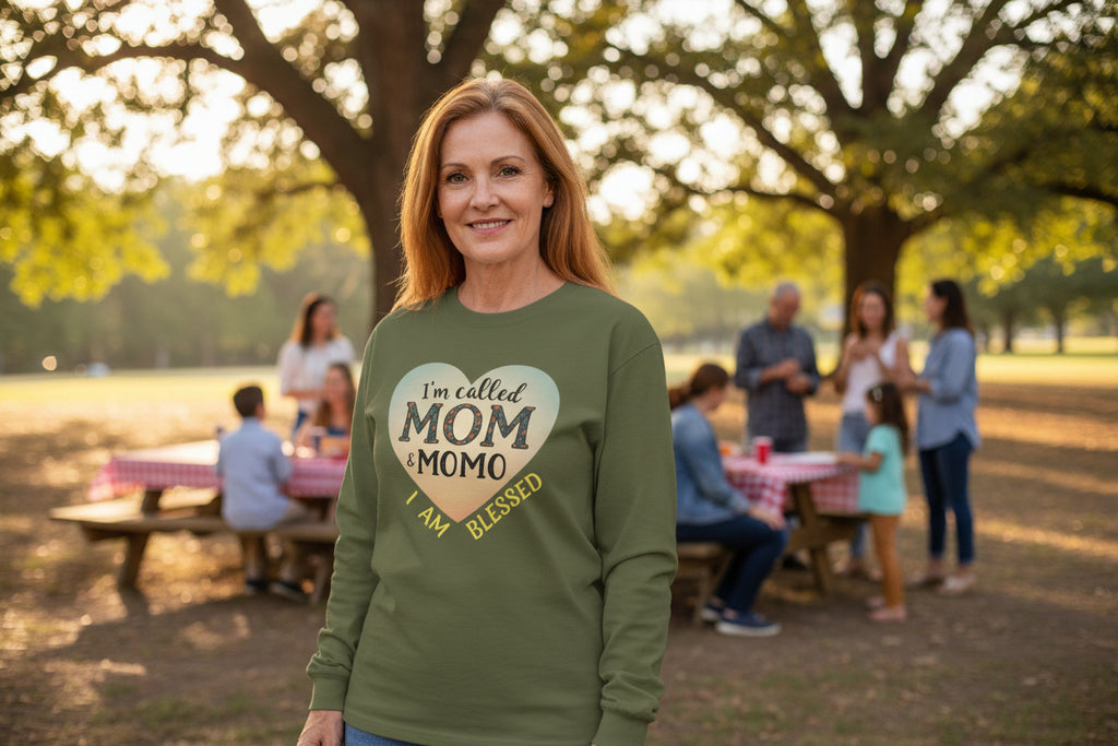 Mom & Momo Heart Long Sleeve Tee – “I’m Called Mom & Momo, I Am Blessed”