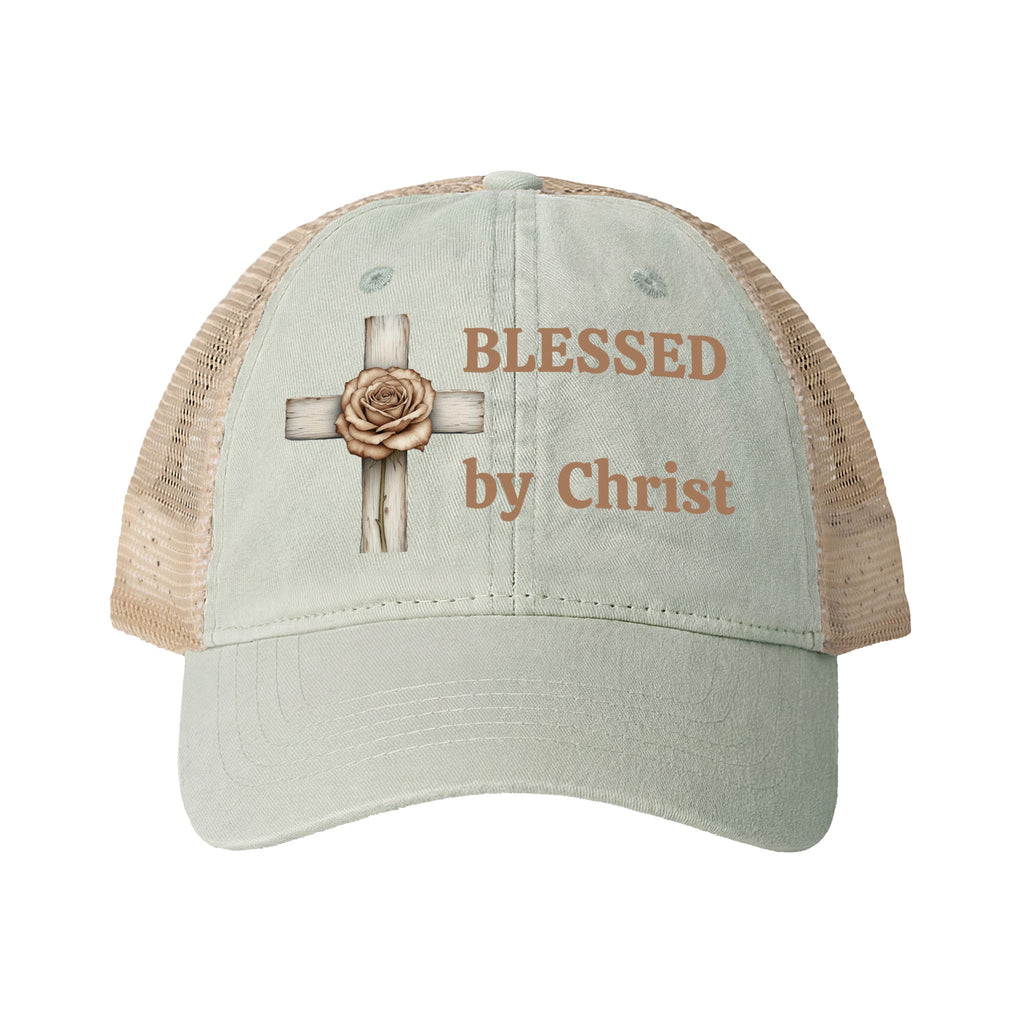 Blessed by Christ with Cross -Women's Washed Mesh-Back Cap