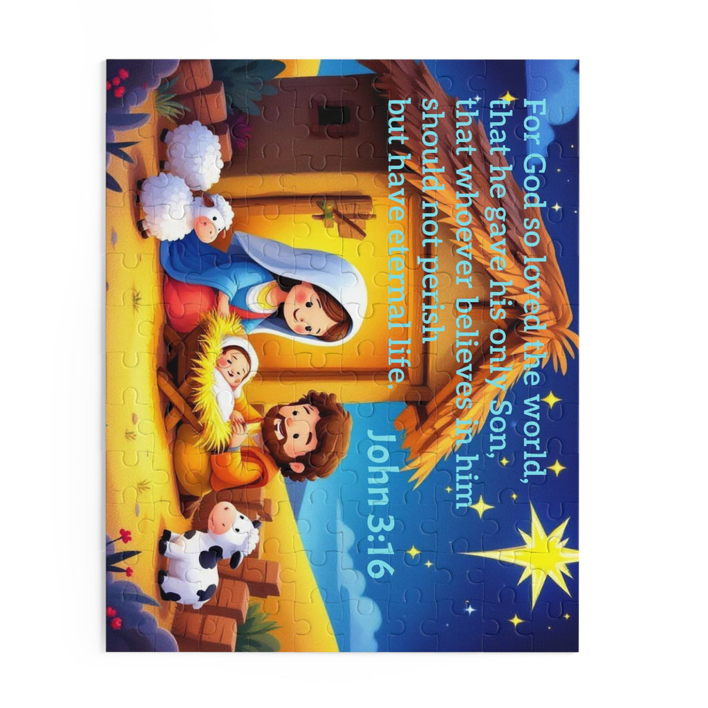 Nativity Puzzle with John 3:16 — Children’s Christmas Jigsaw (120/252/500 pcs)