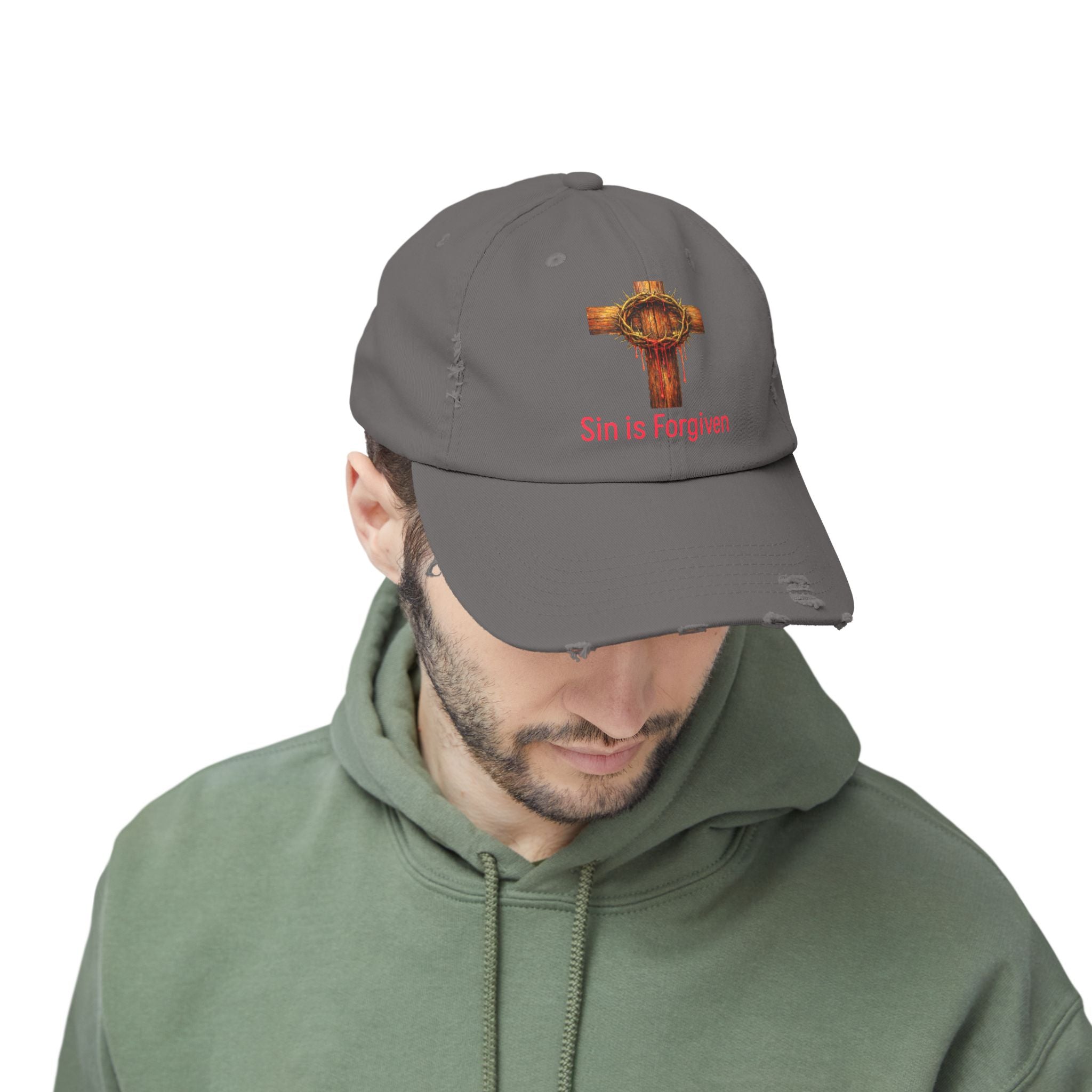 Forgiven Cross Distressed Cap — "Sin is Forgiven" Christian Baseball Hat