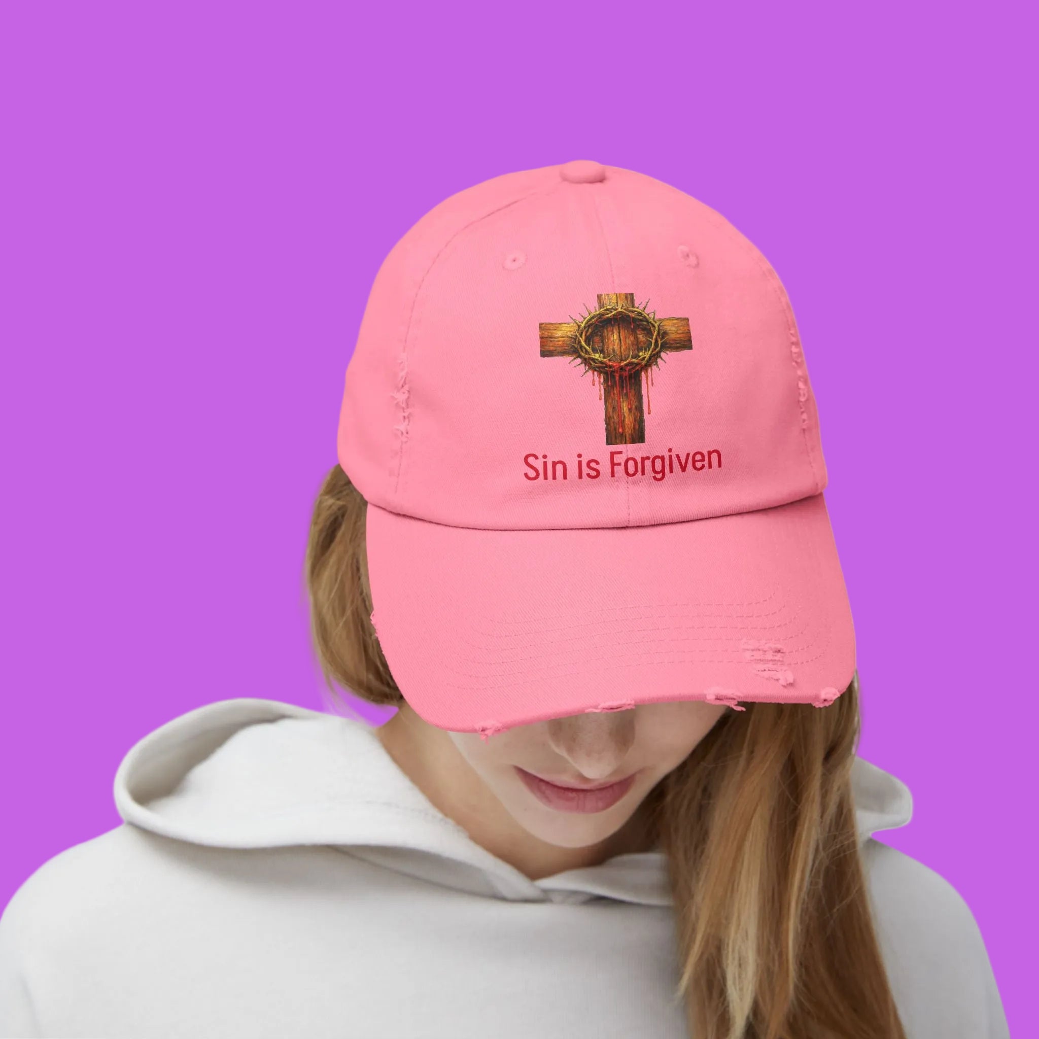 Forgiven Cross Distressed Cap — "Sin is Forgiven" Christian Baseball Hat
