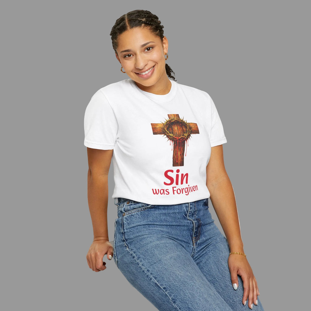 Christian Cross T-Shirt — "Sin Was Forgiven" Religious Faith Tee