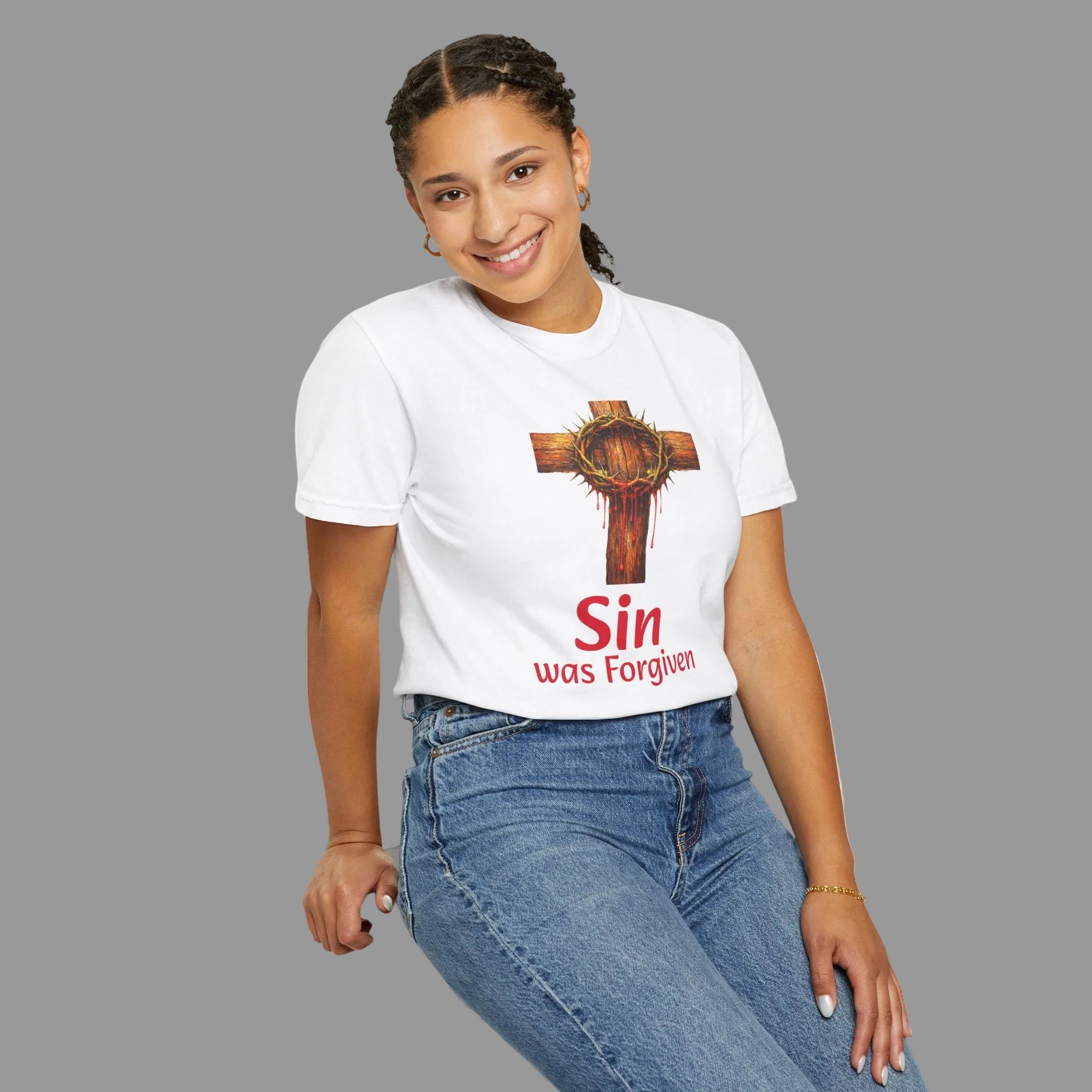 Christian Cross T-Shirt — "Sin Was Forgiven" Religious Faith Tee