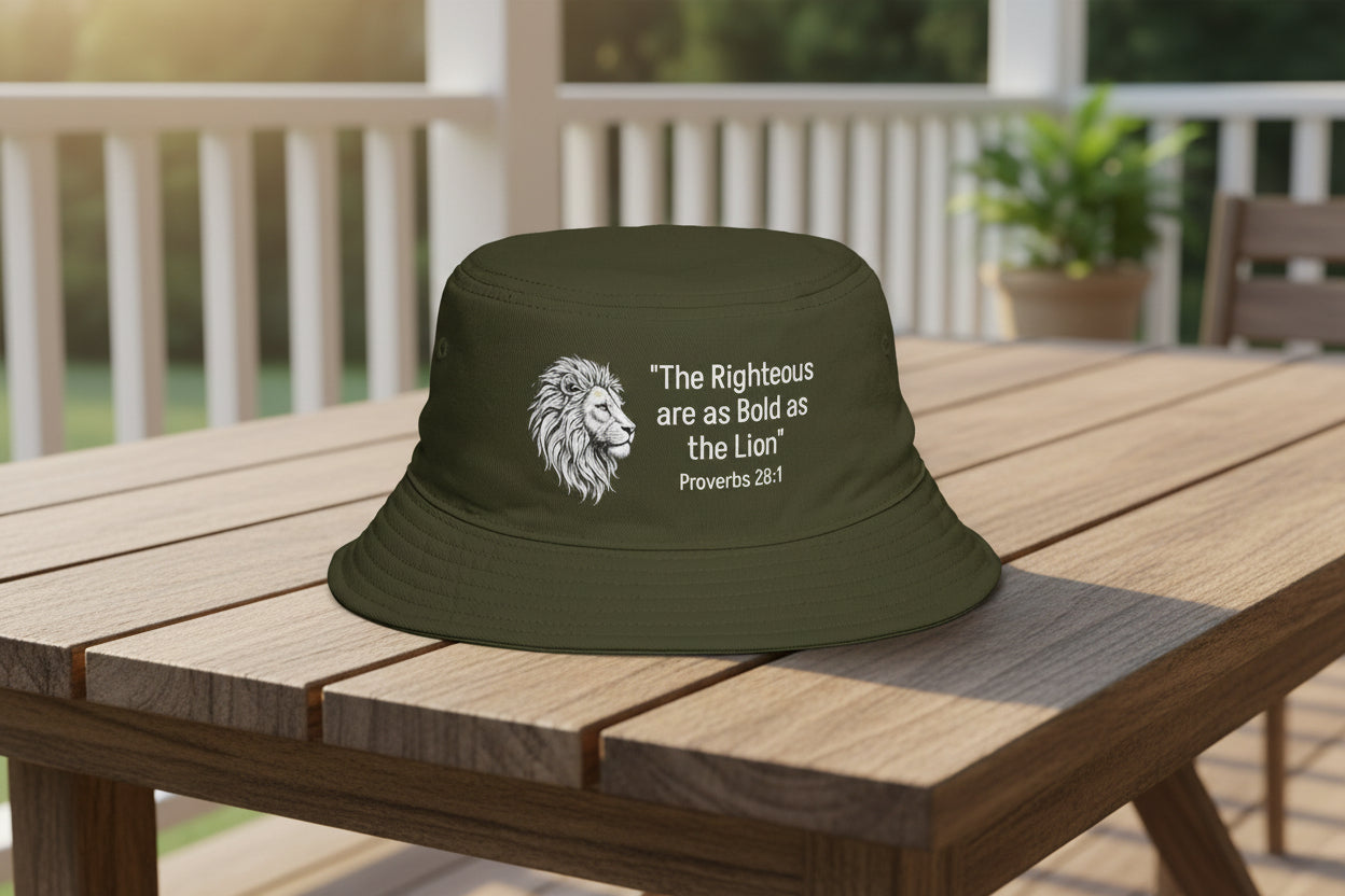 Bucket Hat — "The Righteous are as Bold as the Lion" Proverbs 28:1 Lion Graphic – Christian faith apparel & gifts | Fully Ch