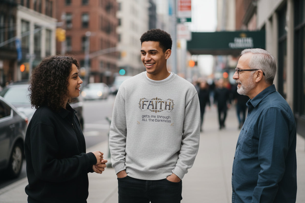Faith Inspirational Crewneck Sweatshirt — "Faith Gets Me Through All the Darkness"