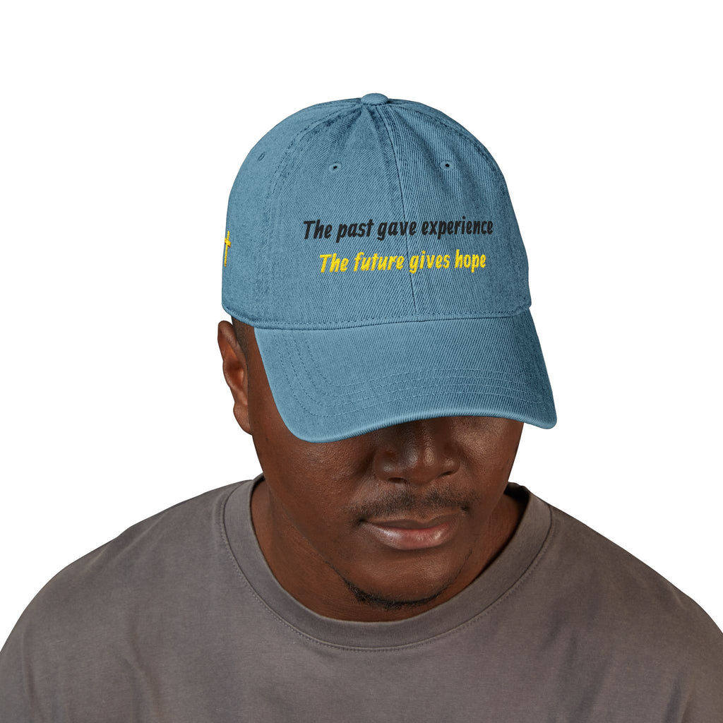 Denim Cap — Embroidered ‘The past gave experience / The future gives hope’ Inspirational Cap – Christian faith apparel & gif