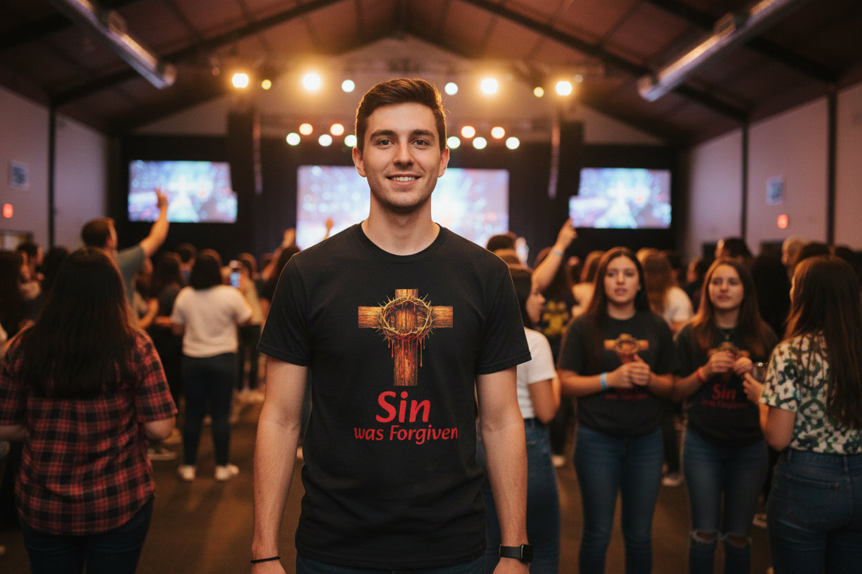 Christian Cross T-Shirt — "Sin Was Forgiven" Religious Faith Tee