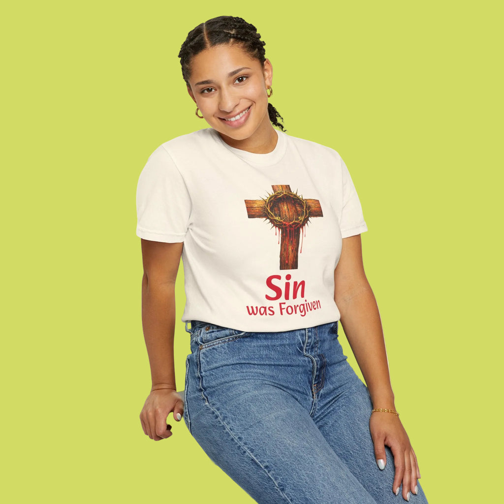 Christian Cross T-Shirt — "Sin Was Forgiven" Religious Faith Tee