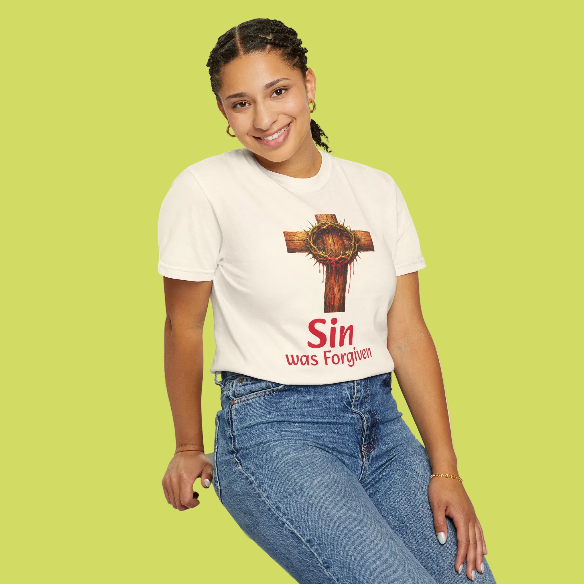 Christian Cross T-Shirt — "Sin Was Forgiven" Religious Faith Tee