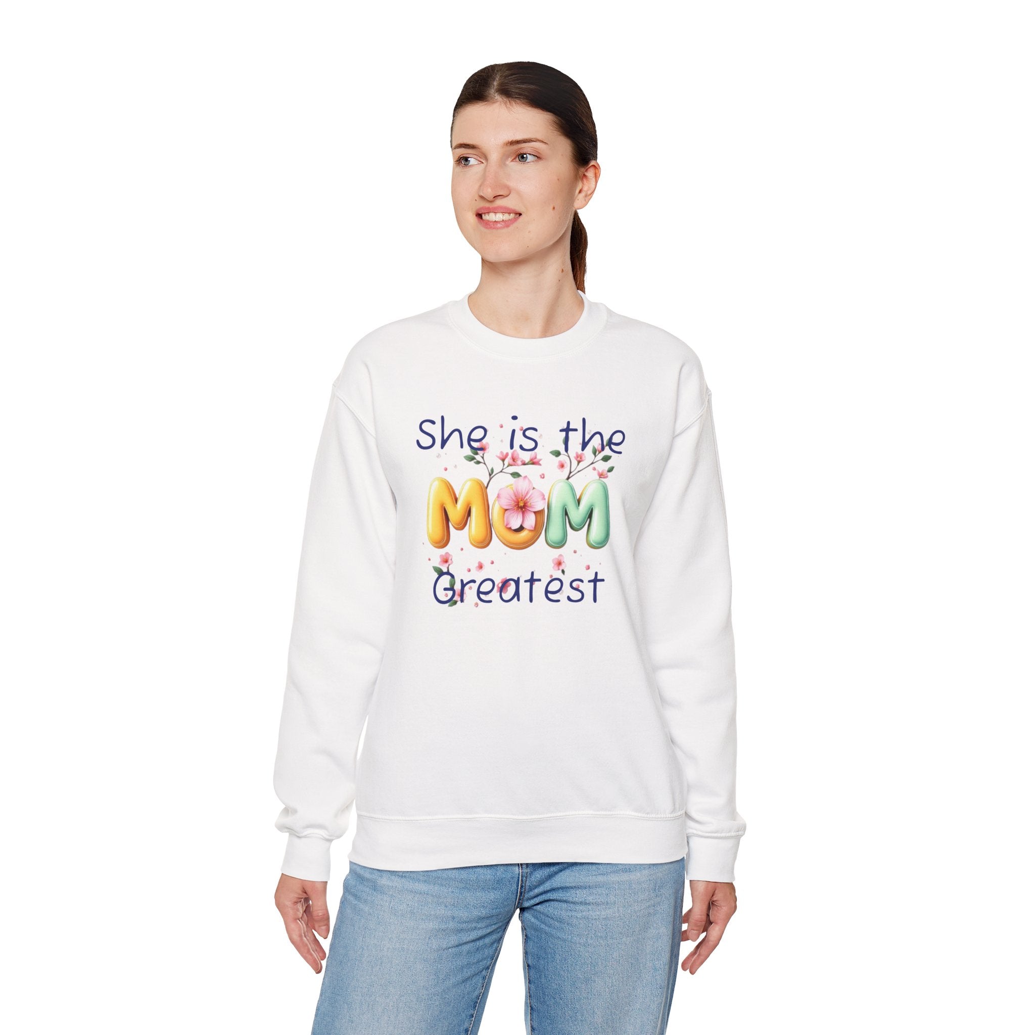 Greatest MOM Crewneck Sweatshirt — "She is the Greatest MOM" Floral Balloon Design