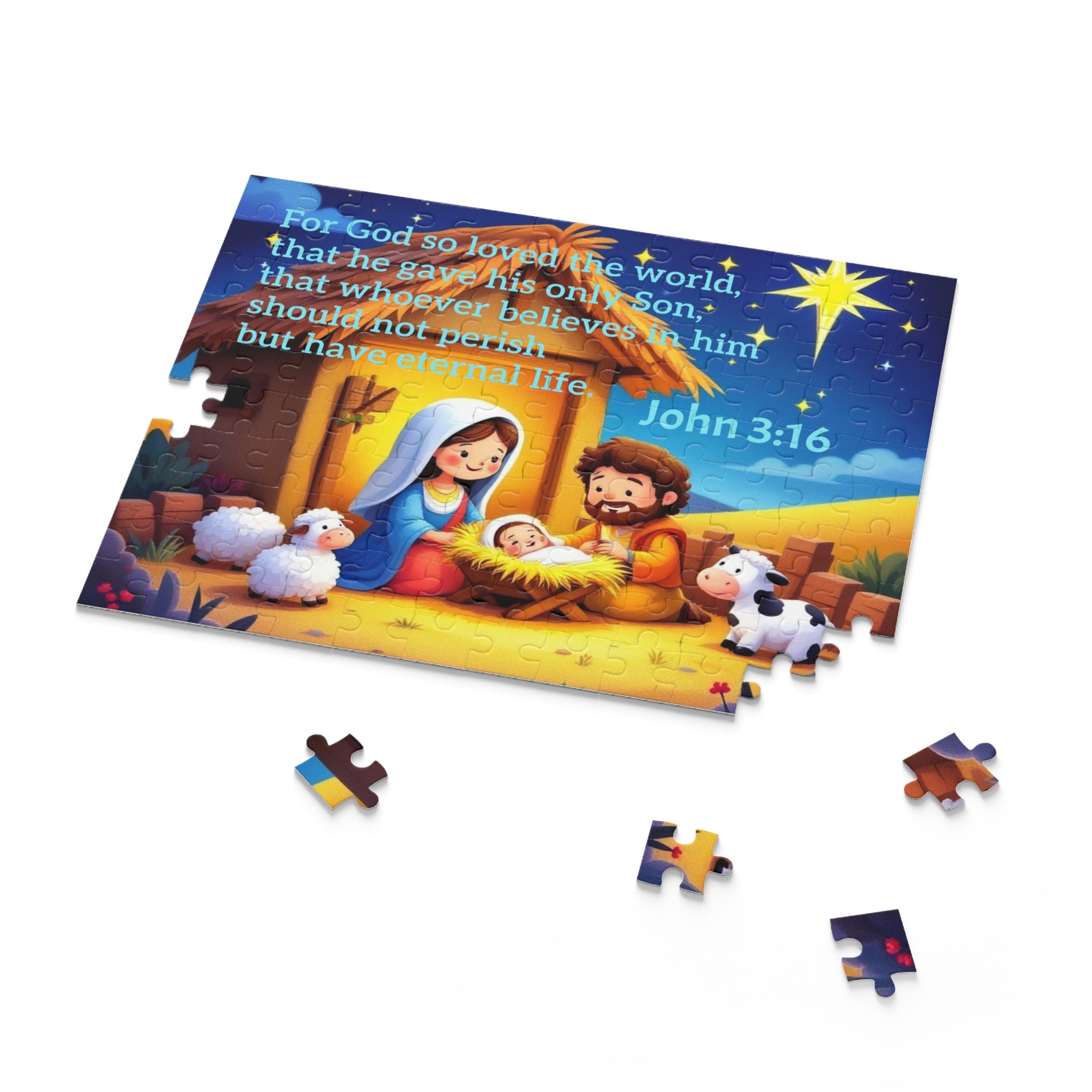 Nativity Puzzle with John 3:16 — Children’s Christmas Jigsaw (120/252/500 pcs)