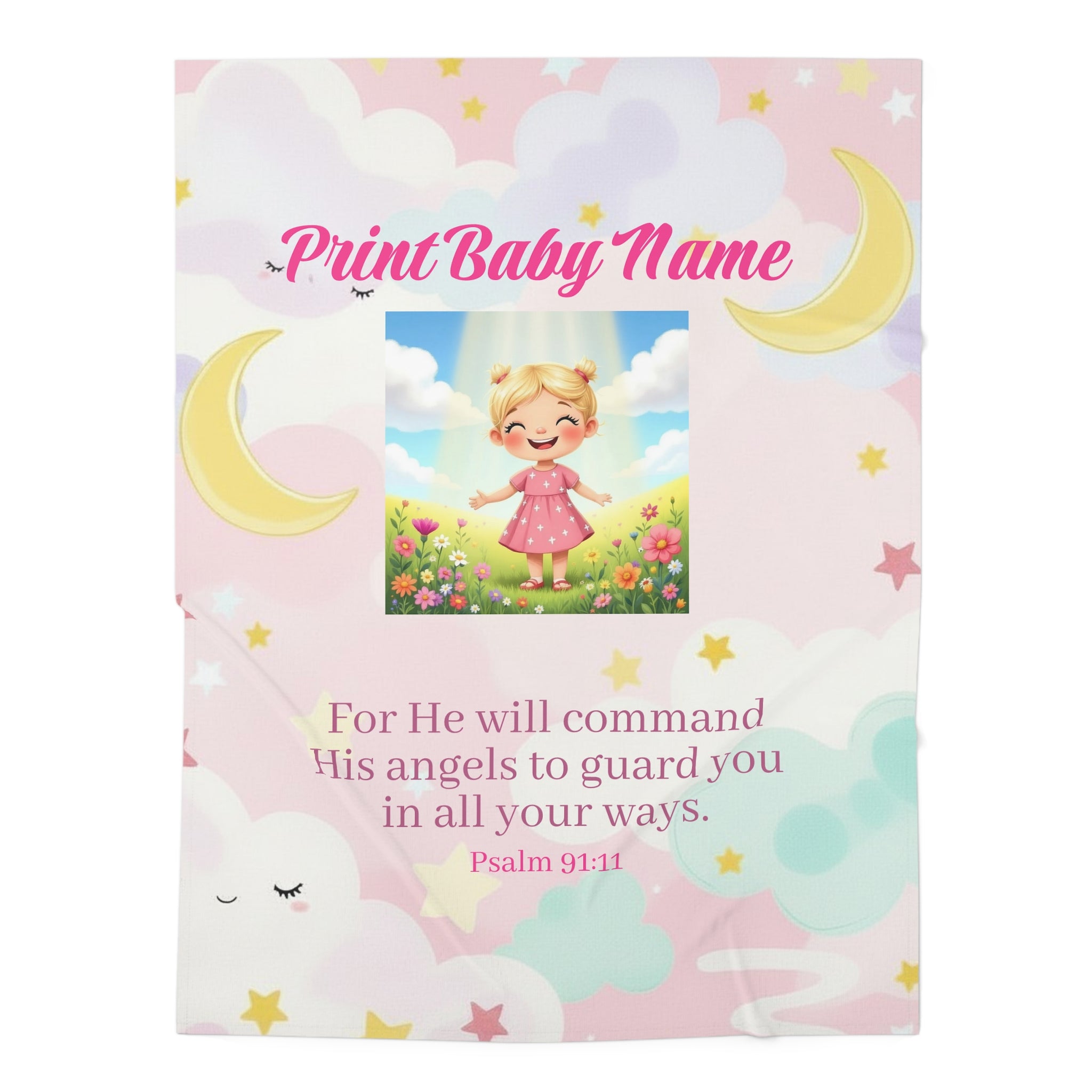 Personalized Baby Swaddle Blanket - Pink Cloud Moon Design with Psalm 91:11 Scripture