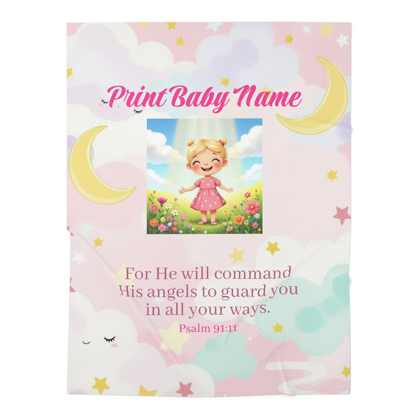 Personalized Baby Swaddle Blanket - Pink Cloud Moon Design with Psalm 91:11 Scripture